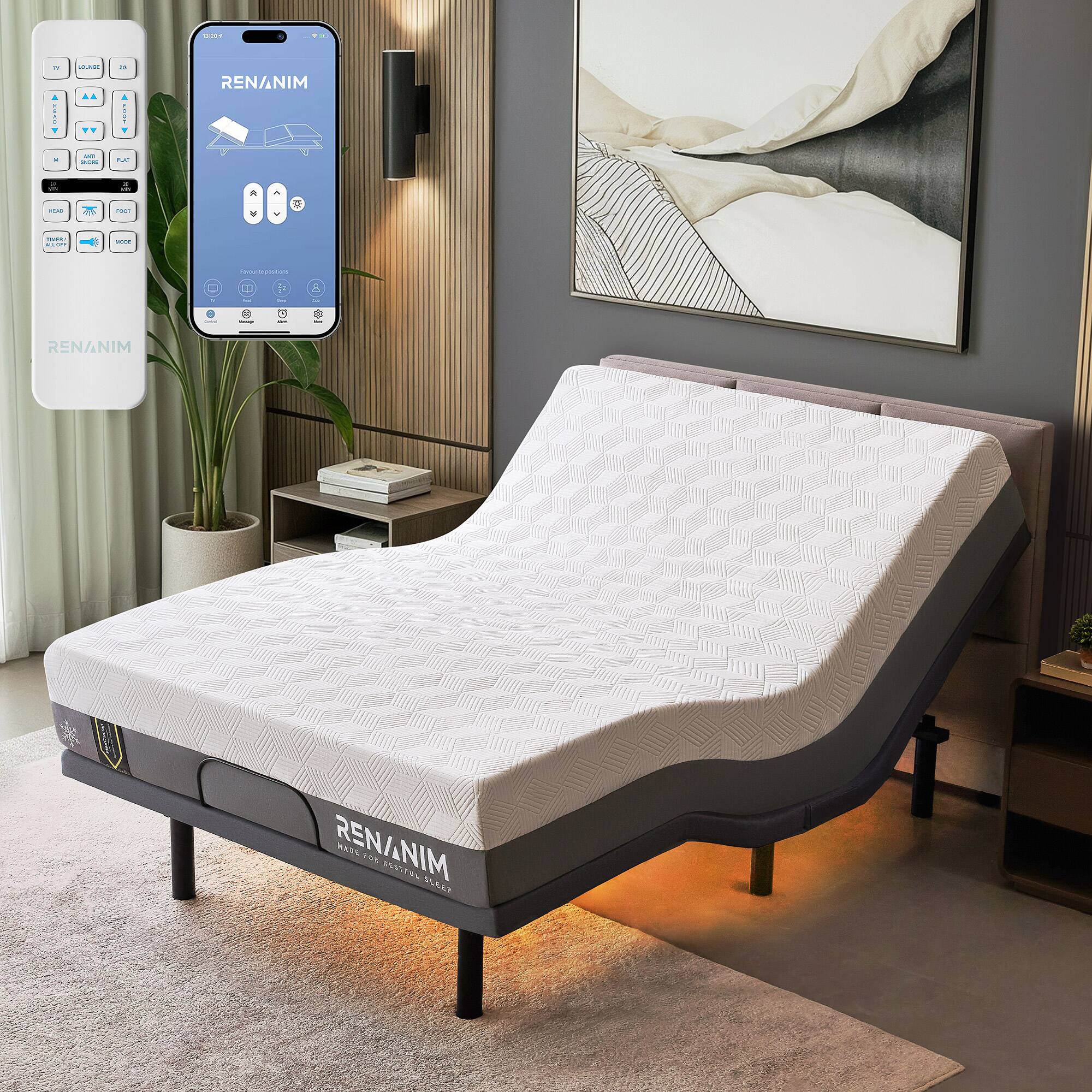 Renanim - SFE Queen Adjustable Electric Bed Frame with 10" Memory Foam Mattress, Massage, USB, Remote & UnderBed Light - Gray