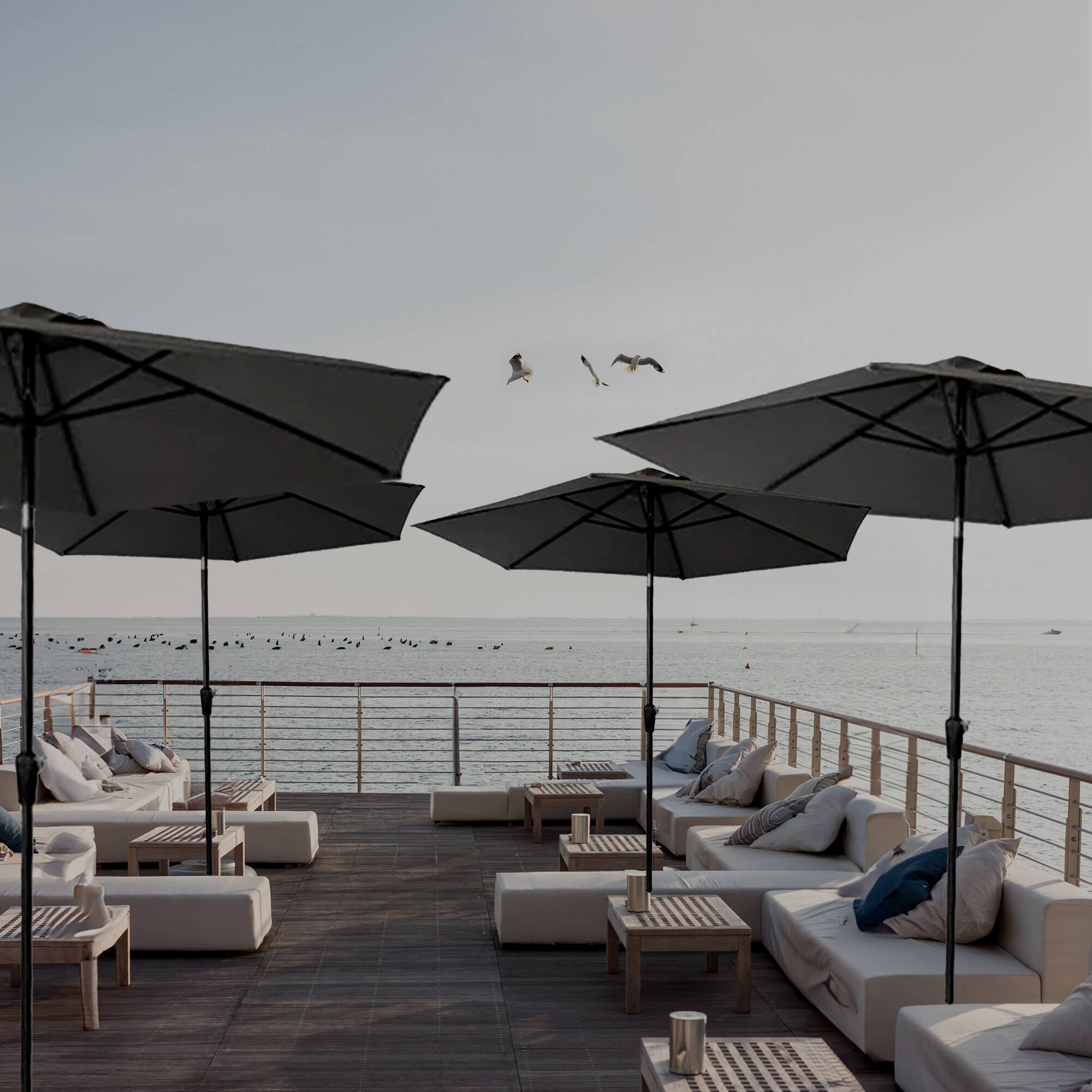 Alt View 3. Four Seasons Courtyard - Four Seasons Courtyard 9' Round Sling Fabric Campton Hills Market Umbrella, Gray - Gray, Brown.