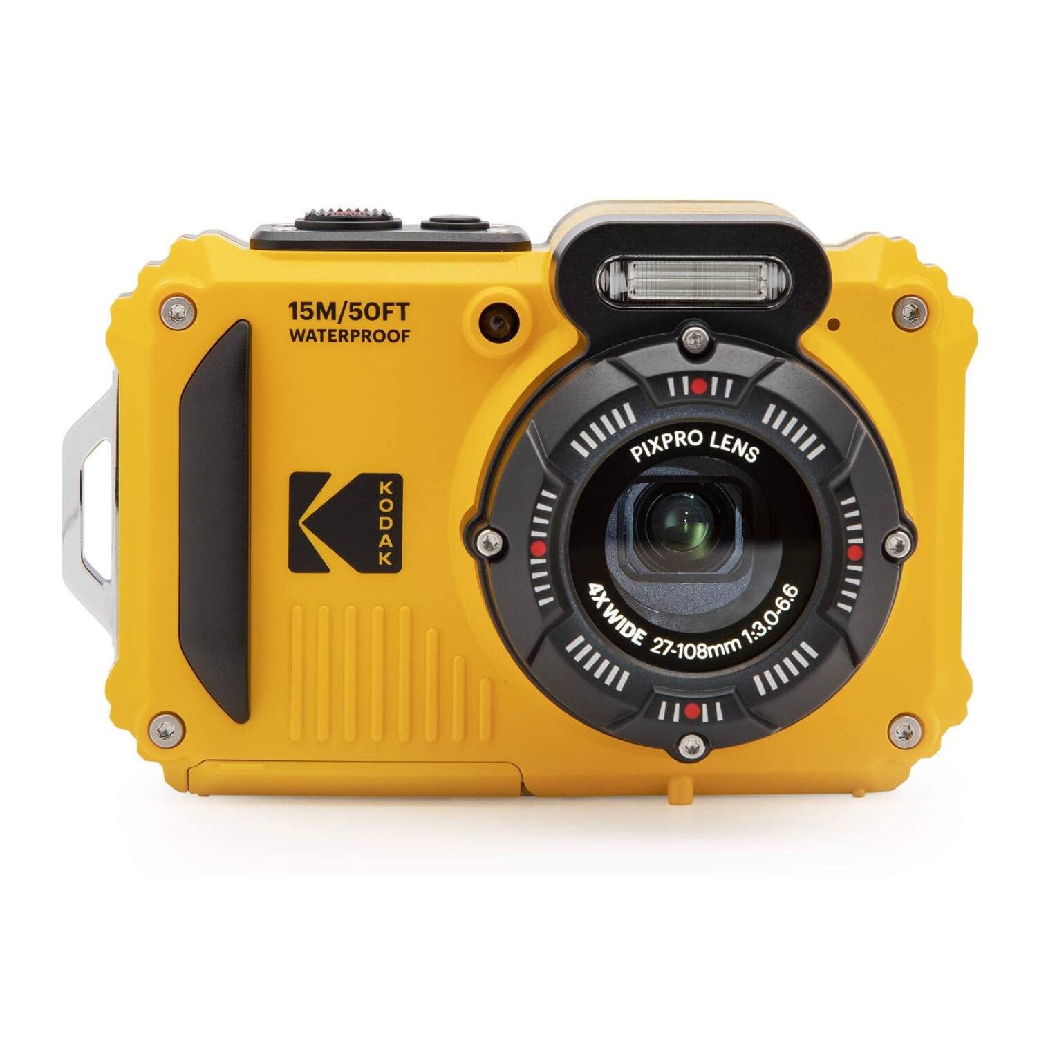 The image features a yellow Kodak Pixpro camera with a 15M/50FT waterproof lens. The lens has a 4x wide 1:3.0-6.6 zoom, making it suitable for capturing images in various conditions. The camera is designed to be waterproof, allowing users to take photos even in wet environments.
