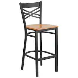 Flash Furniture - HERCULES Series Black ''X'' Back Metal Restaurant Barstool - Wood Seat - Natural