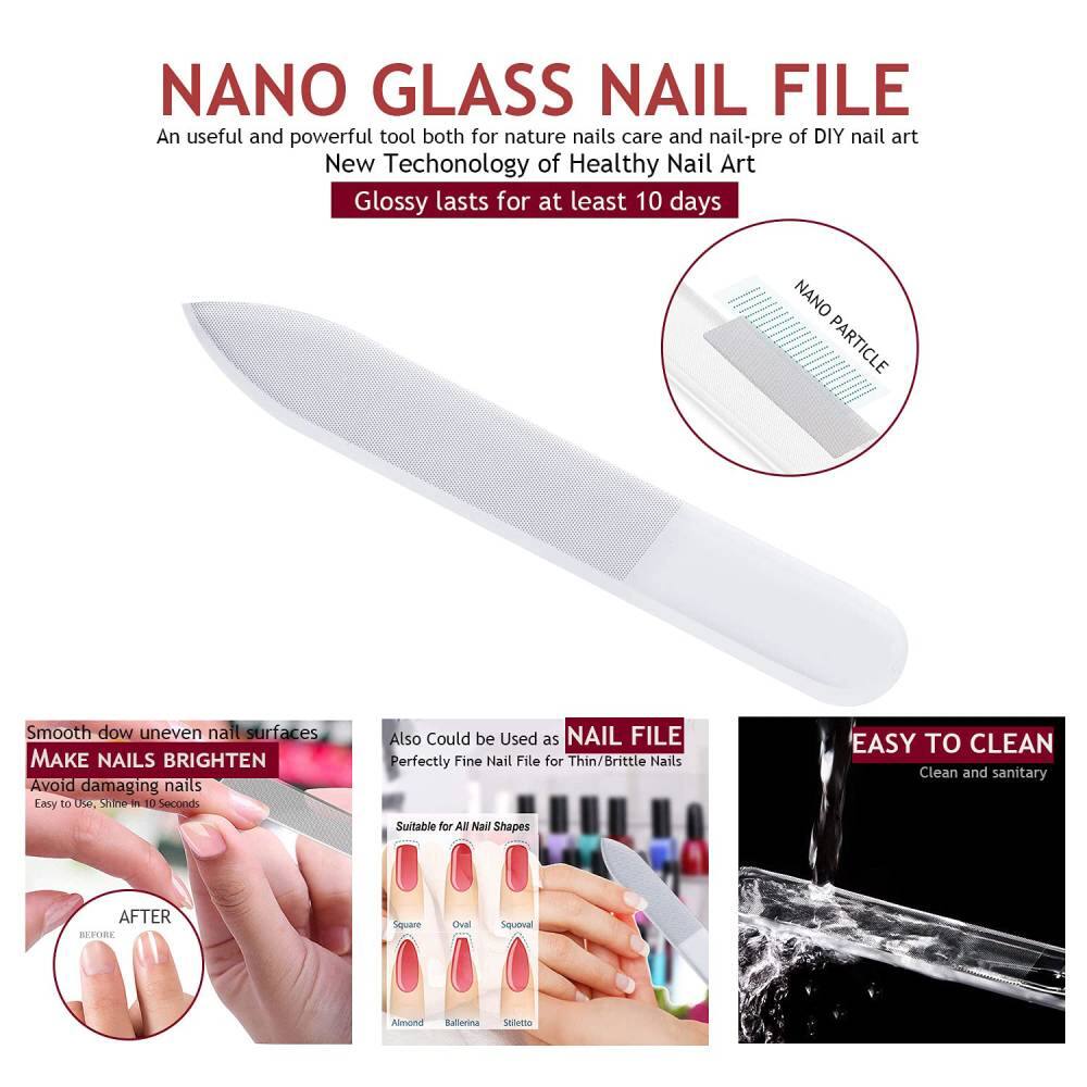 **NANO GLASS NAIL FILE**

An useful and powerful tool both for nature nails care and nail-pre of DIY nail art  
New Technology of Healthy Nail Art  
Glossy lasts for at least 10 days

**Smooth down uneven nail surfaces**  
MAKE NAILS BRIGHTEN  
Avoid damaging nails  
Easy to Use. Shine in 10 Seconds

**Also Could be Used as NAIL FILE**  
Perfectly Fine Nail File for Thin/ Brittle Nails  
Suitable for All Nail Shapes  
Square Oval Squoval Almond Ballerina Sndemo

**EASY TO CLEAN**  
Clean and sanitary

**AFTER**  
BEFORE