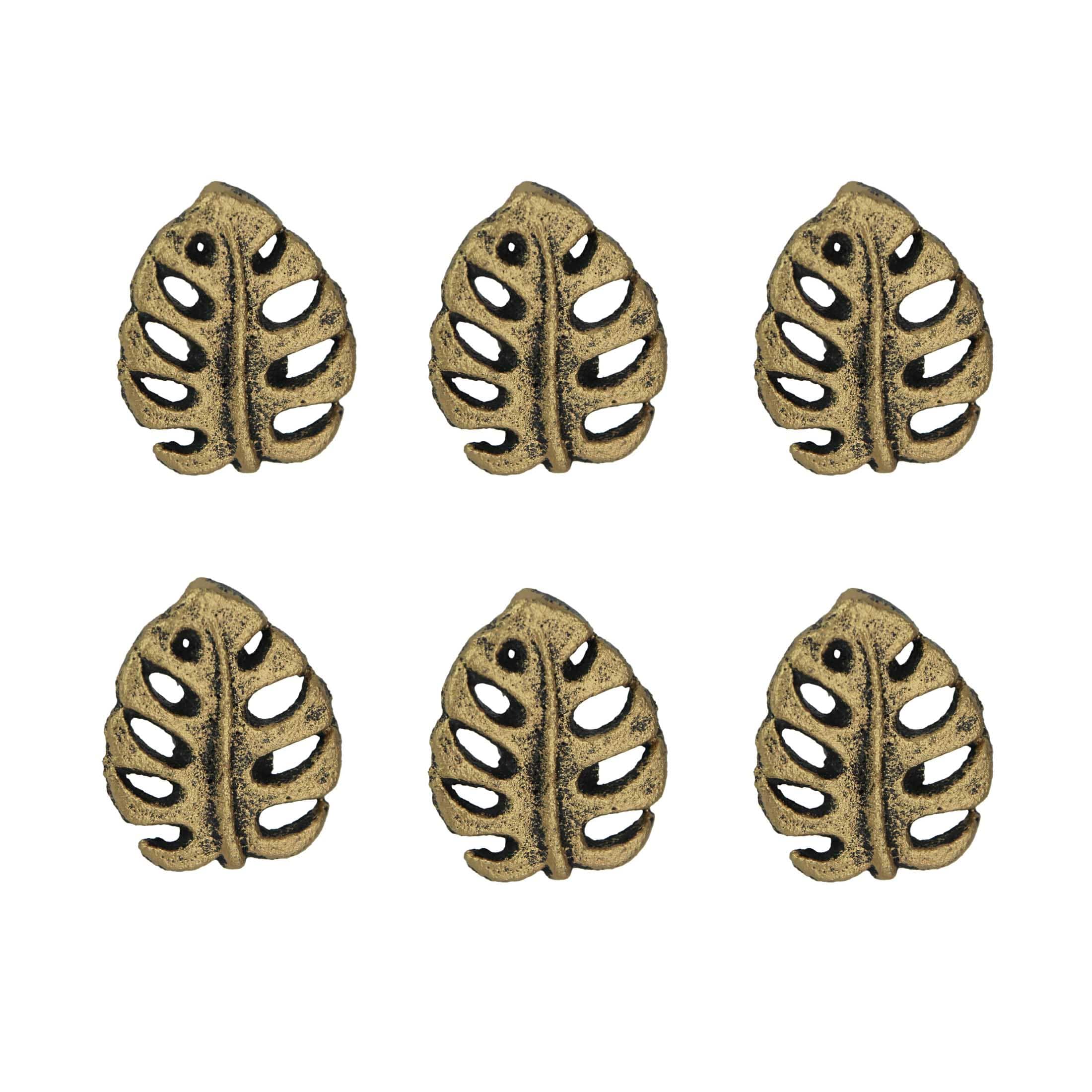 Zeckos - Set of 6 Cast Iron Monstera Leaf Drawer Pulls Decorative Cabinet Knobs - Gold