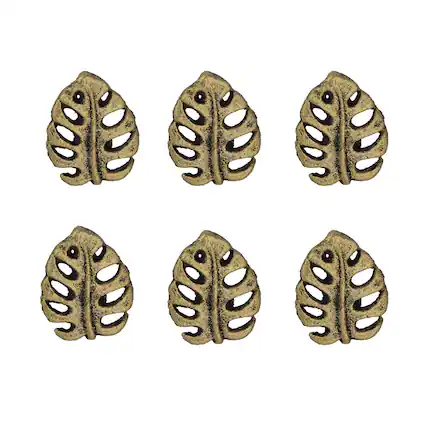 Front. Zeckos - Set of 6 Gold Cast Iron Monstera Leaf Drawer Pulls Decorative Cabinet Knobs - Gold.
