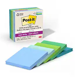 Post-it - Oasis Recycled Super Sticky Notes, 3" x 3", Oasis Collection, 70 Sheets/Pad, 5 Pads/Pack - Assorted