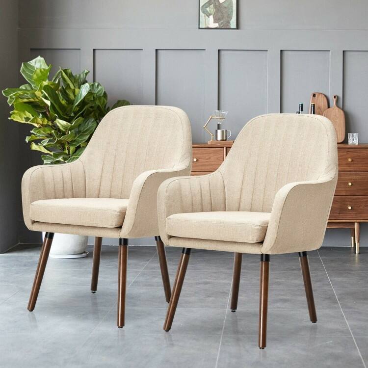 Left. Hivvago - Set of 2 Retro Off-White Linen Upholstered Accent Chair with Stylish Wood Legs - Beige.