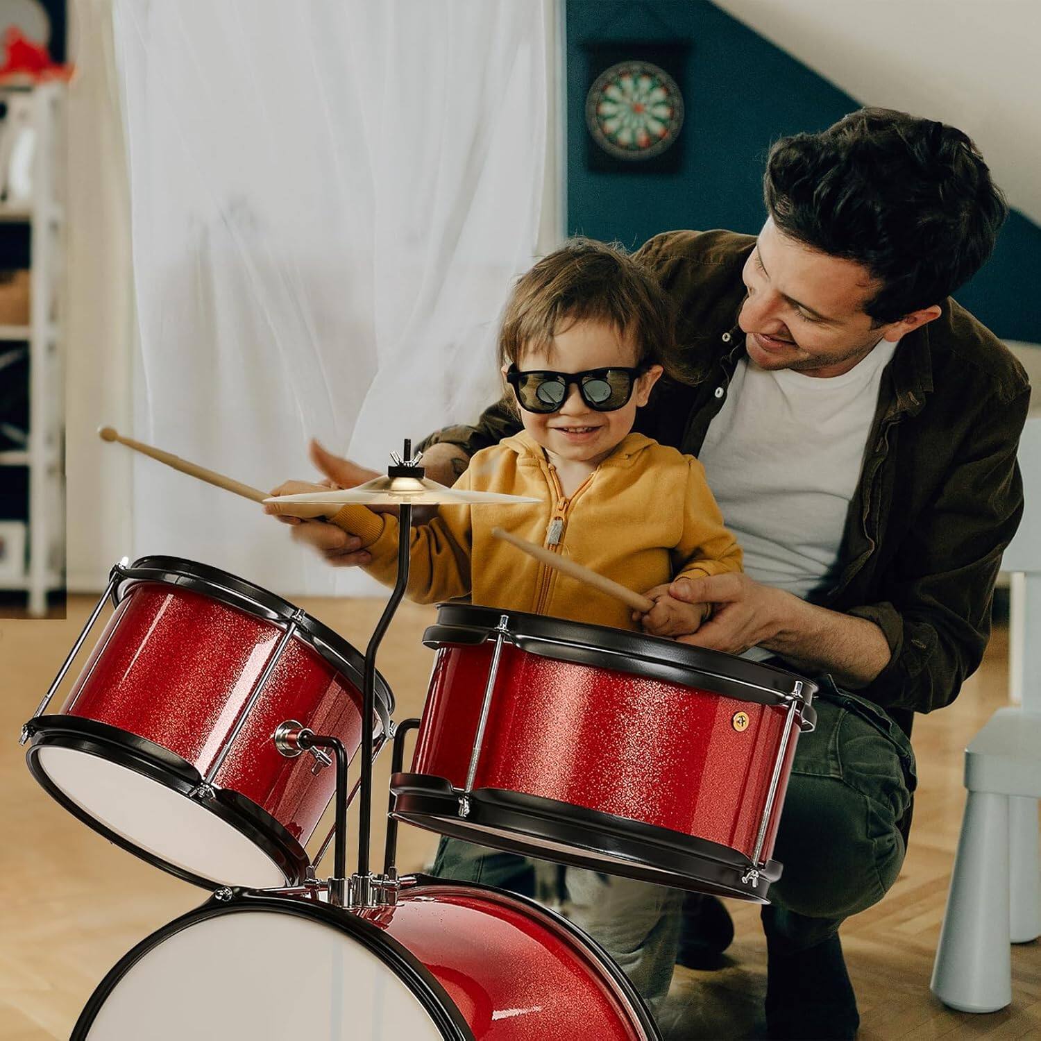 Alt View 1. Winado - 3-Piece Drum Set, 14 Inch Beginners Drums Kit with Throne Stool, Pedal & 2 Pairs of Drumsticks, Junior Drums Set Musical - RED.