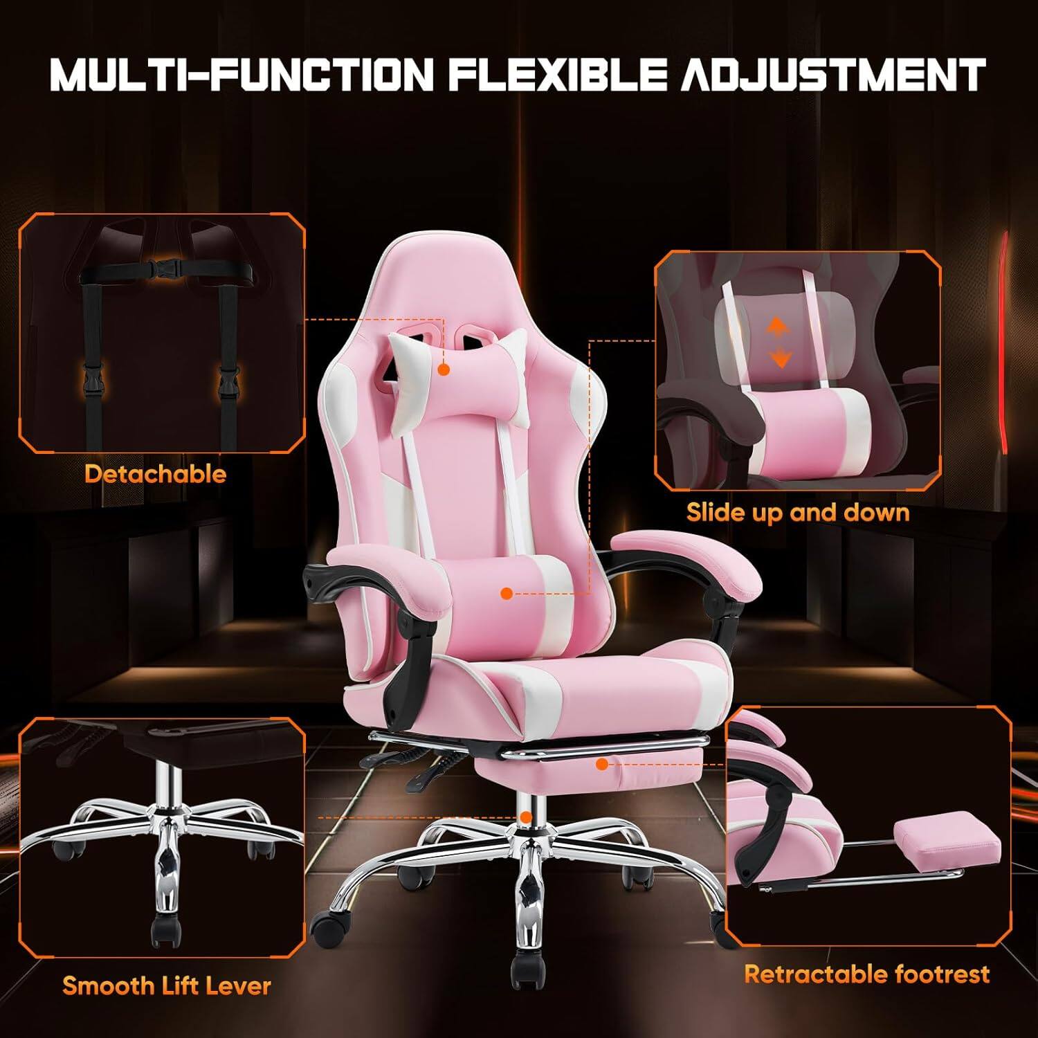 MULTI-FUNCTION FLEXIBLE ADJUSTMENT

- Detachable
- Slide up and down
- Smooth Lift Lever
- Retractable footrest