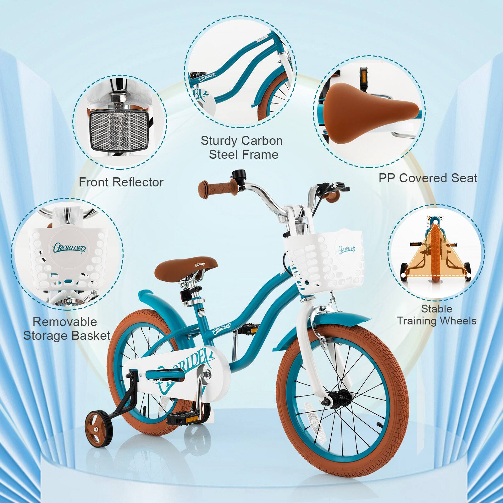 - Sturdy Carbon Steel Frame
- Front Reflector
- PP Covered Seat
- Removable Storage Basket
- Stable Training Wheels