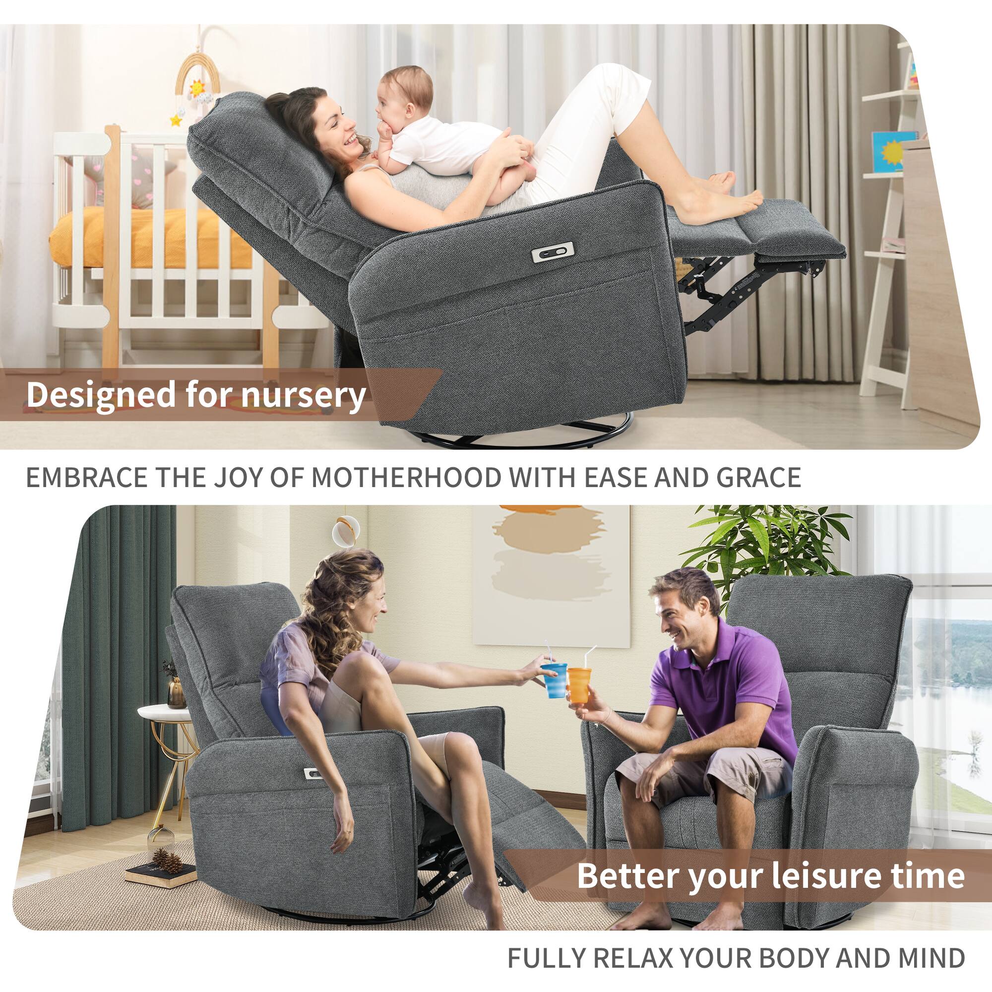 Designed for nursery  
EMBRACE THE JOY OF MOTHERHOOD WITH EASE AND GRACE  

Better your leisure time  
FULLY RELAX YOUR BODY AND MIND