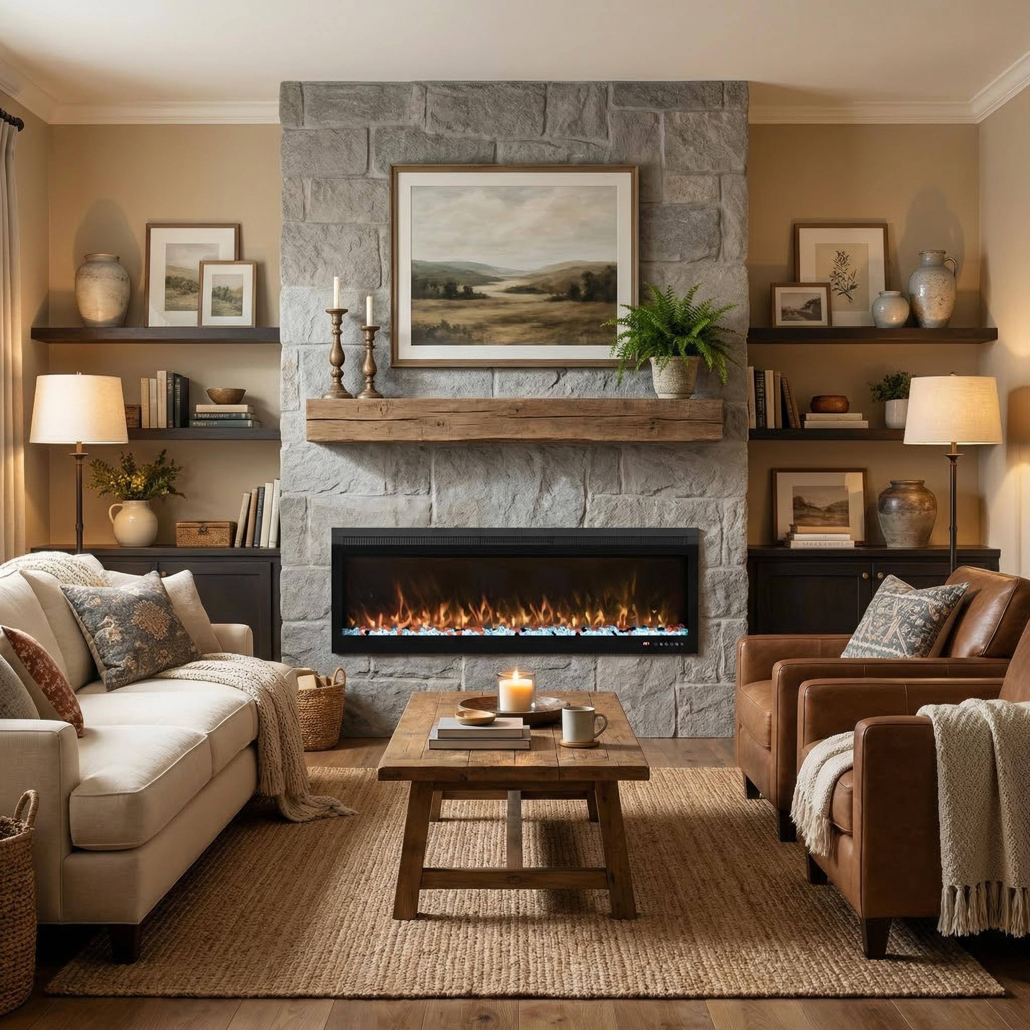 Back. Mondawe - 60" Linear Recessed-in Electric Fireplace with Remote Control, Adjustable Heat & Timer - Black.