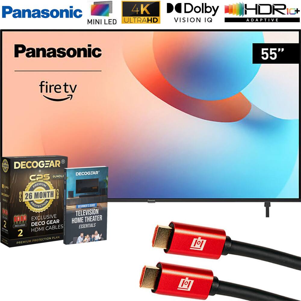 Panasonic 4K Mini LED UltraHD TV with Dolby Vision IQ and HDR10+ Adaptive. 55" Fire TV. Includes DECOGEAR CPS Bundle with 26-month premium protection plan, exclusive DECOGEAR HDMI cables, and a beginner's guide for television and home theater essentials.