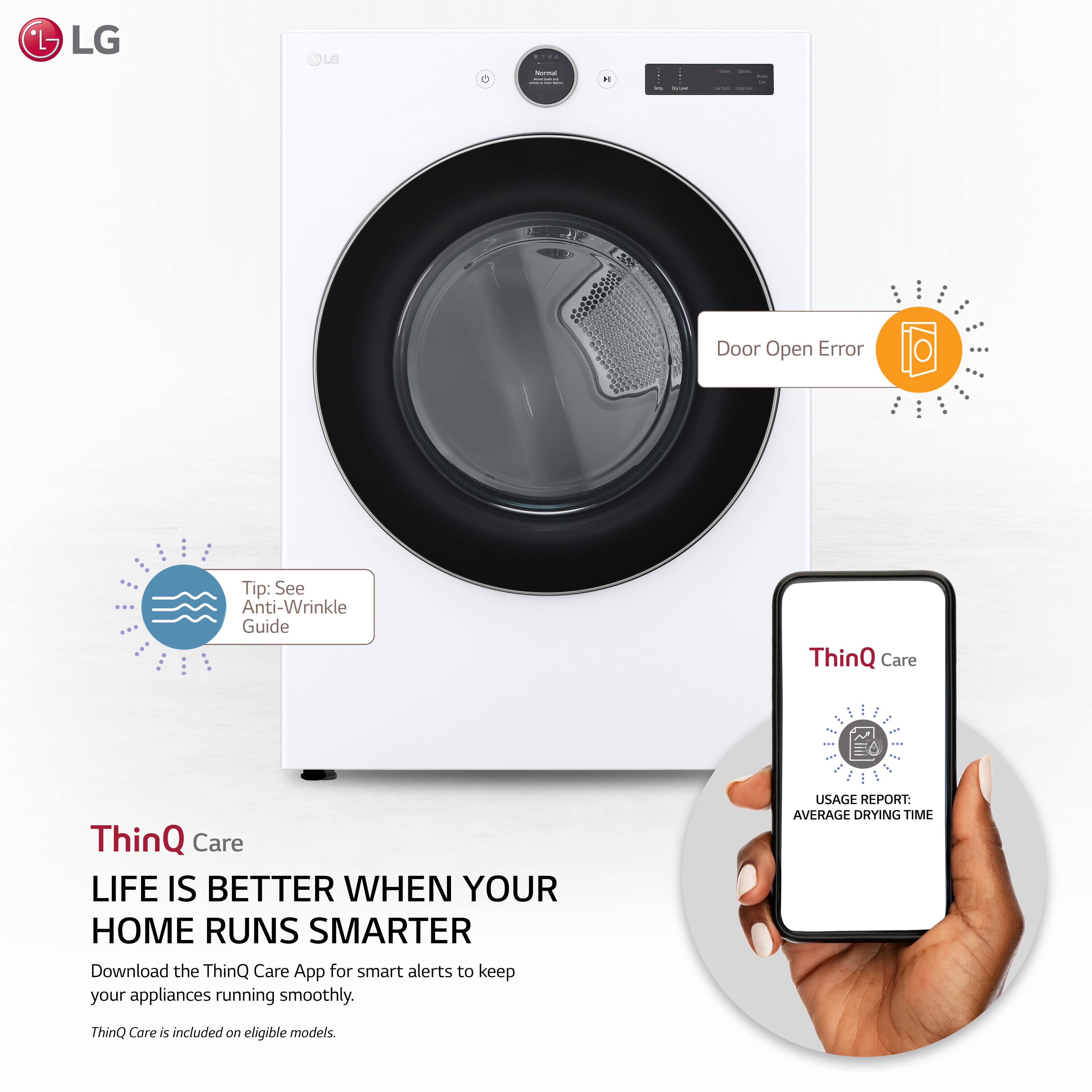 LG - ThinQ Care:

* Door Open Error: Tip: See Anti-Wrinkle Guide
* Life is Better When Your Home Runs Smarter
* Download the ThinQ Care App for smart alerts to keep your appliances running smoothly
* Usage Report: Average Drying Time
* ThinQ Care is included on eligible models.