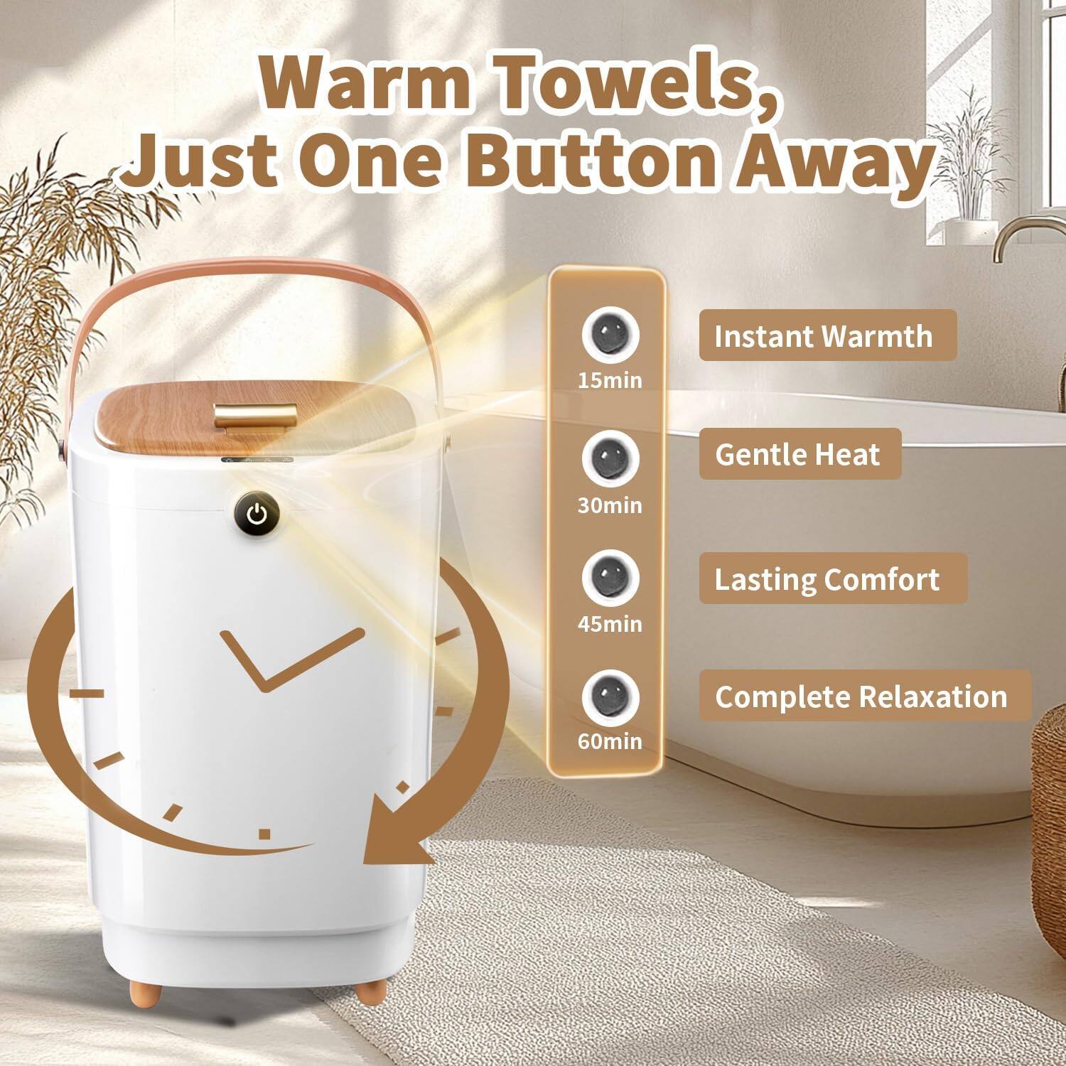 Warm Towels, Just One Button Away

Instant Warmth
15min

Gentle Heat
30min

Lasting Comfort
45min

Complete Relaxation
60min