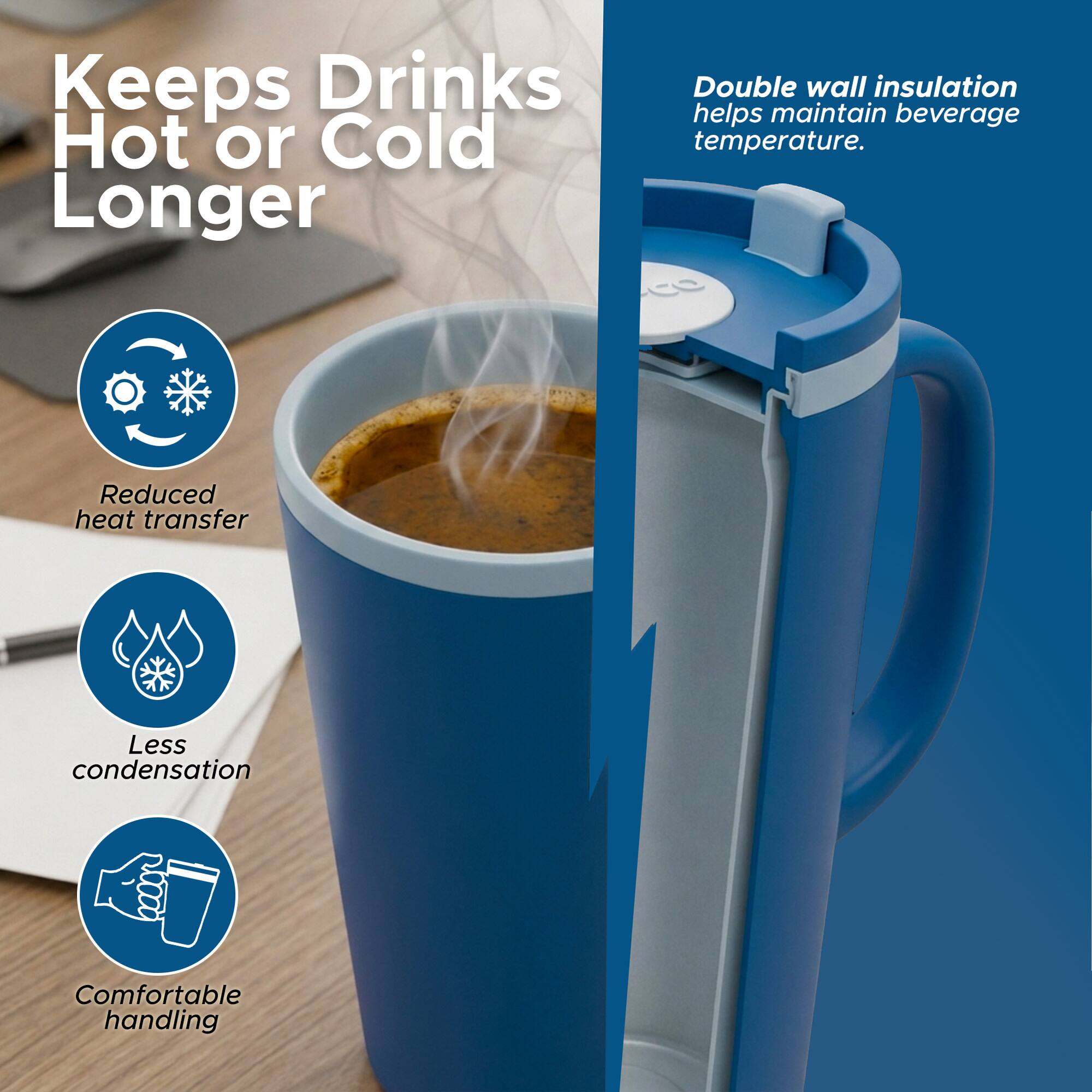 Keeps Drinks Hot or Cold Longer

Double wall insulation helps maintain beverage temperature.

Reduced heat transfer

Less condensation

Comfortable handling