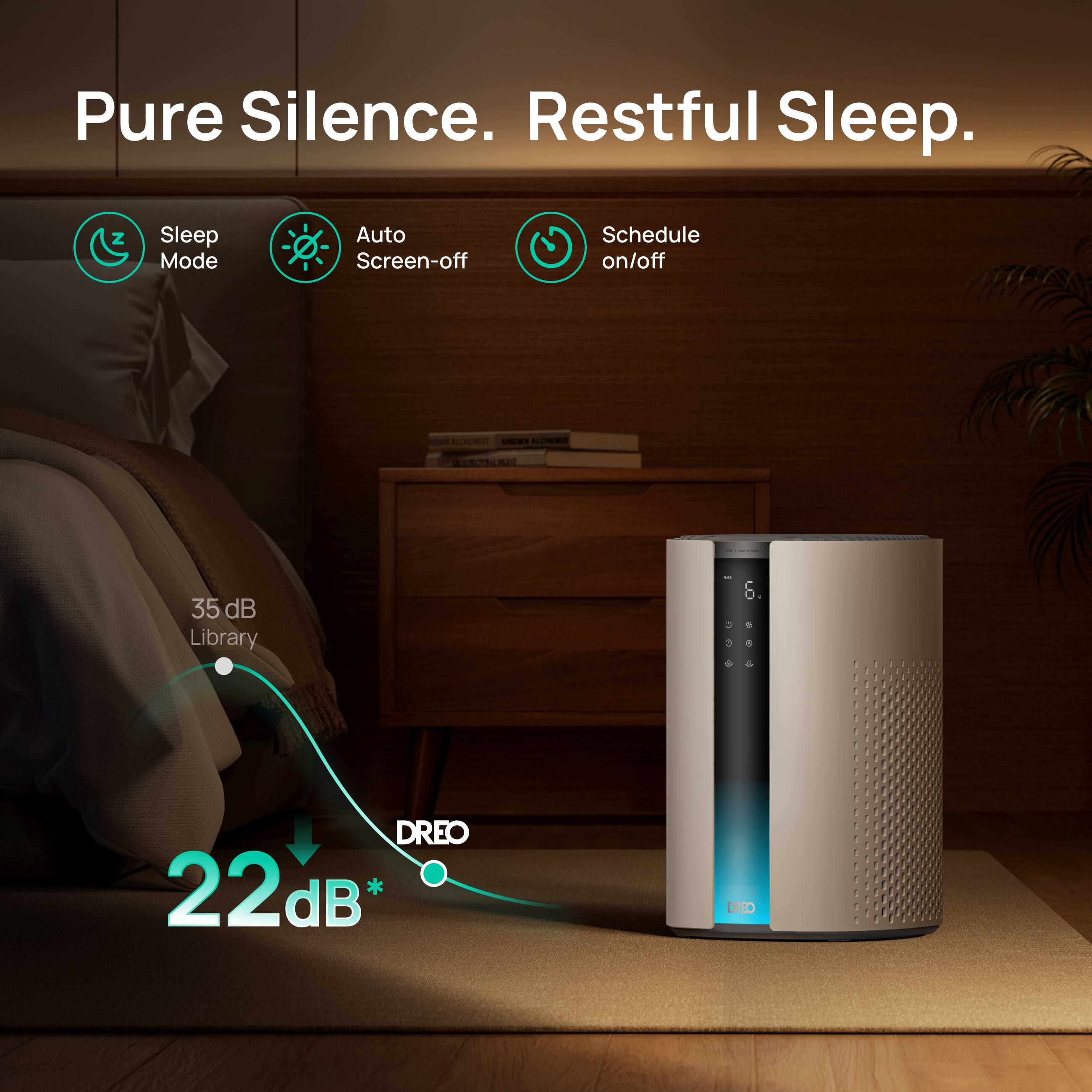 Pure Silence. Restful Sleep.

- Sleep Mode
- Auto Screen-off
- Schedule on/off

35 dB Library  
22 dB* DREO