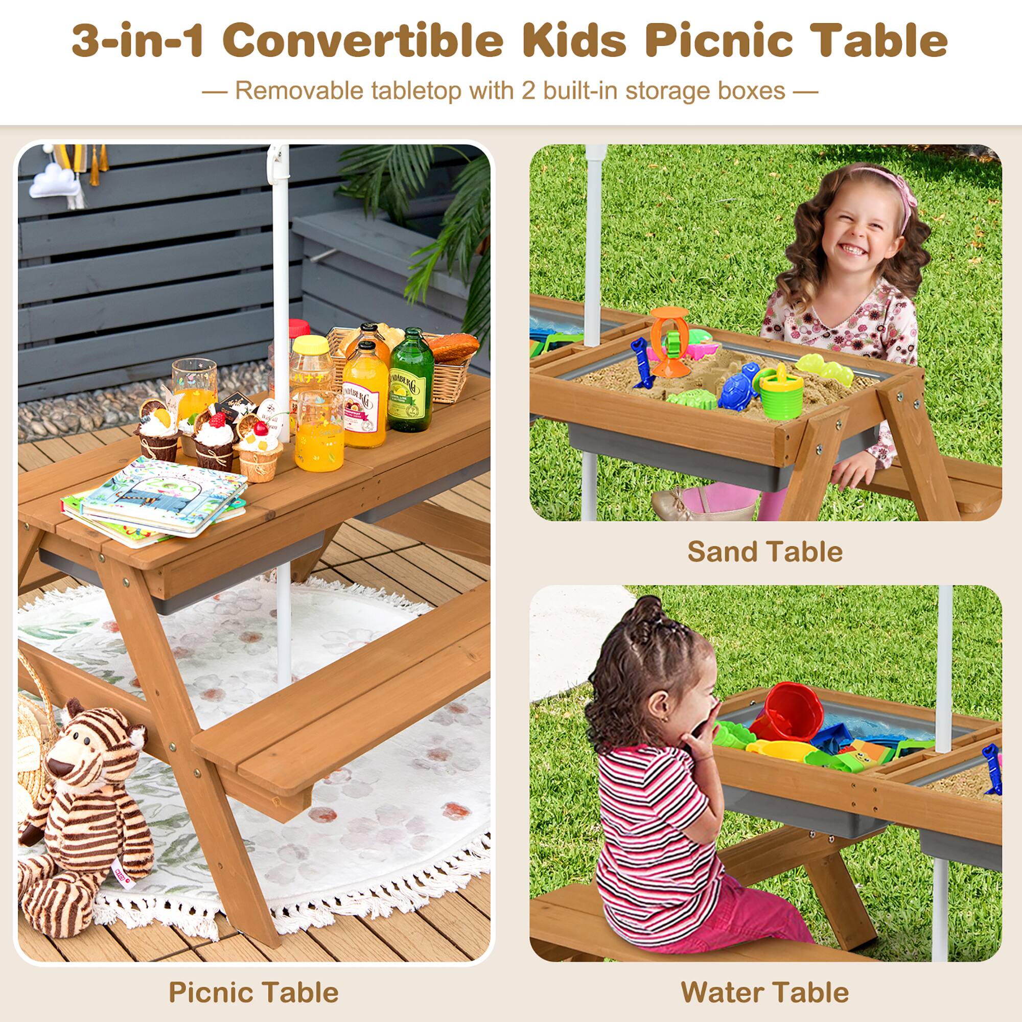 3-in-1 Convertible Kids Picnic Table  
- Removable tabletop with 2 built-in storage boxes  

Picnic Table  
Sand Table  
Water Table