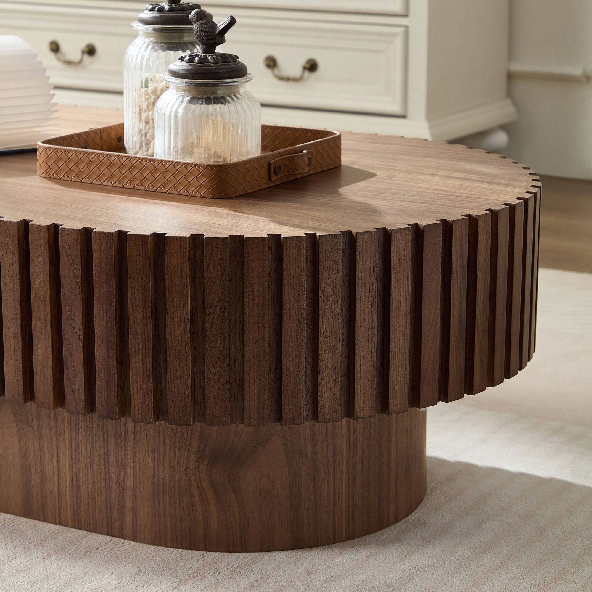 Back. Trinkets Crazed - Round Fluted Coffee Table, Mid Century Modern Irregular Large 43.7 Inch Wood Drum Design - Walnut.