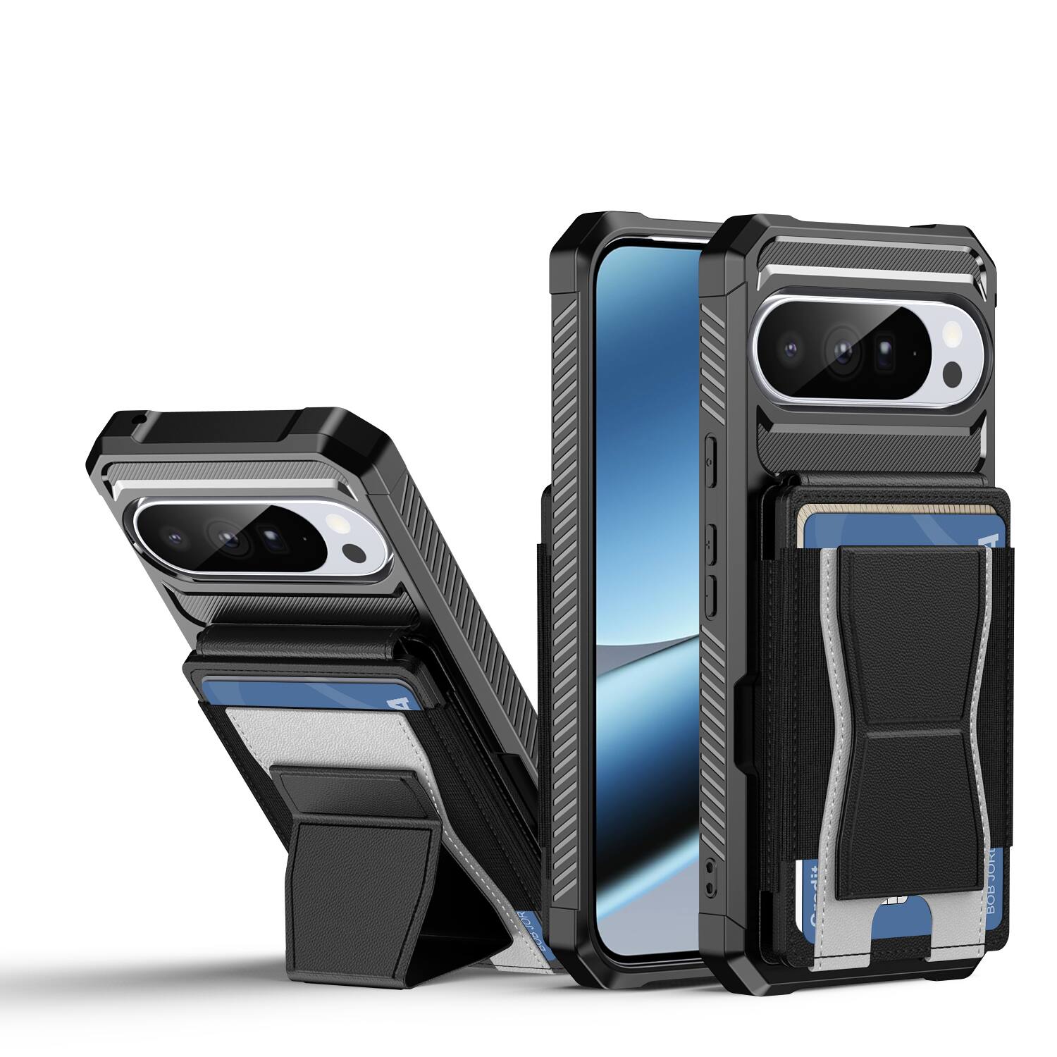 Angle. Dteck - Rugged Wallet Phone Case for Google Pixel 11 Pro, Shockproof Protective Cover with Elastic Card Holder and Kickstand - Black.