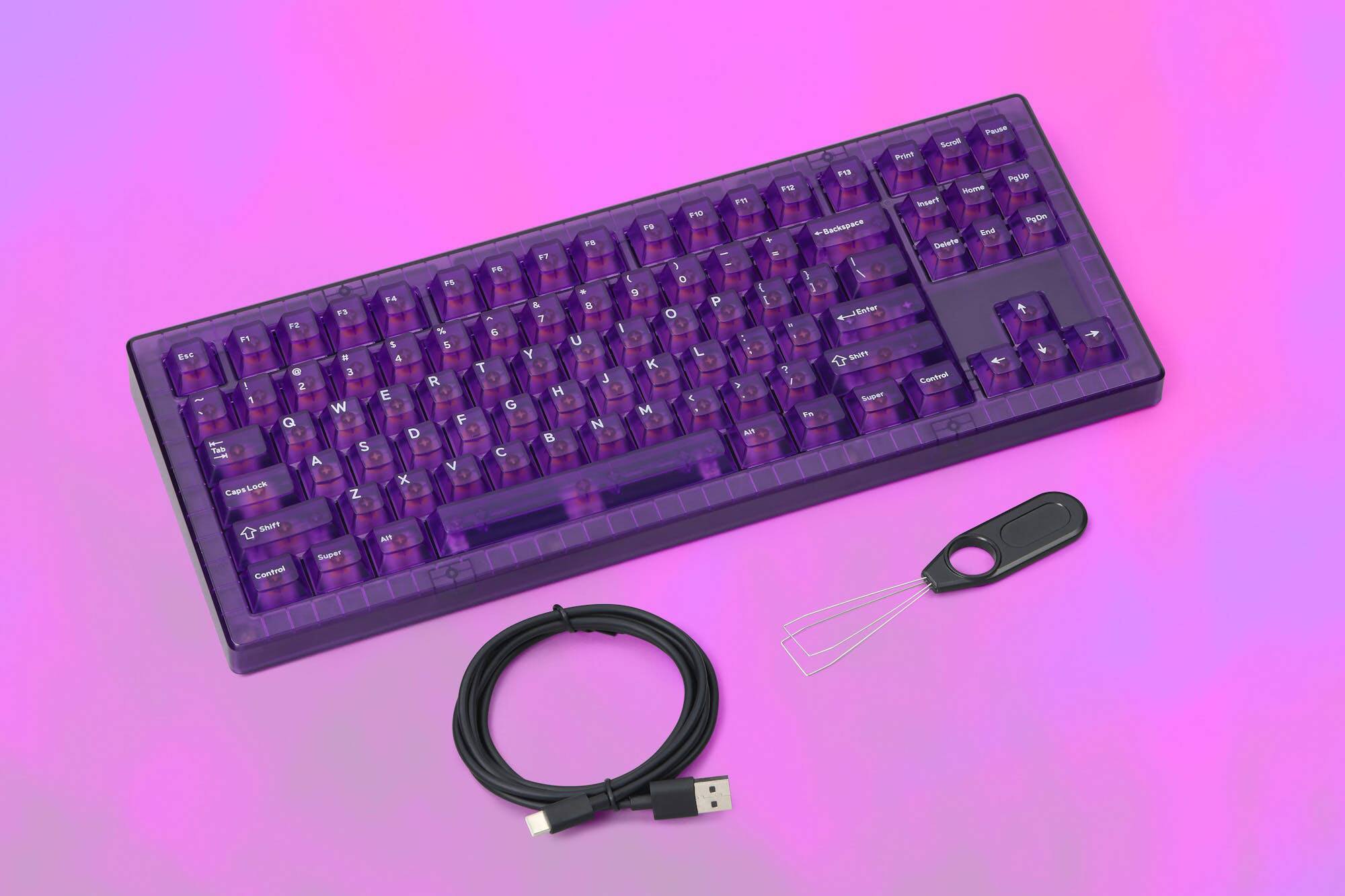 Sure, here is the corrected and grouped text from the image:

- Esc
- F1 Pause
- F2
- F3
- F4
- F5
- F6
- F7
- F8
- F9
- F10
- F11
- F12
- Print
- Scroll
- Pause
- Insert
- Home
- Delete
- End
- Page Up
- Page Down
- Backspace
- 1
- 2
- 3
- 4
- 5
- 6
- 7
- 8
- 9
- 0
- -
- =
- \[
- ]
- Enter
- Tab
- Q
- W
- E
- R
- T
- Y
- U
- I
- O
- P
- A
- S
- D
- F
- G
- H
- J
- K
- L
- Z
- X
- C
- V
- B
- N
- M
- , 
- . 
- /
- Shift
- Caps Lock
- Control
- Super
-