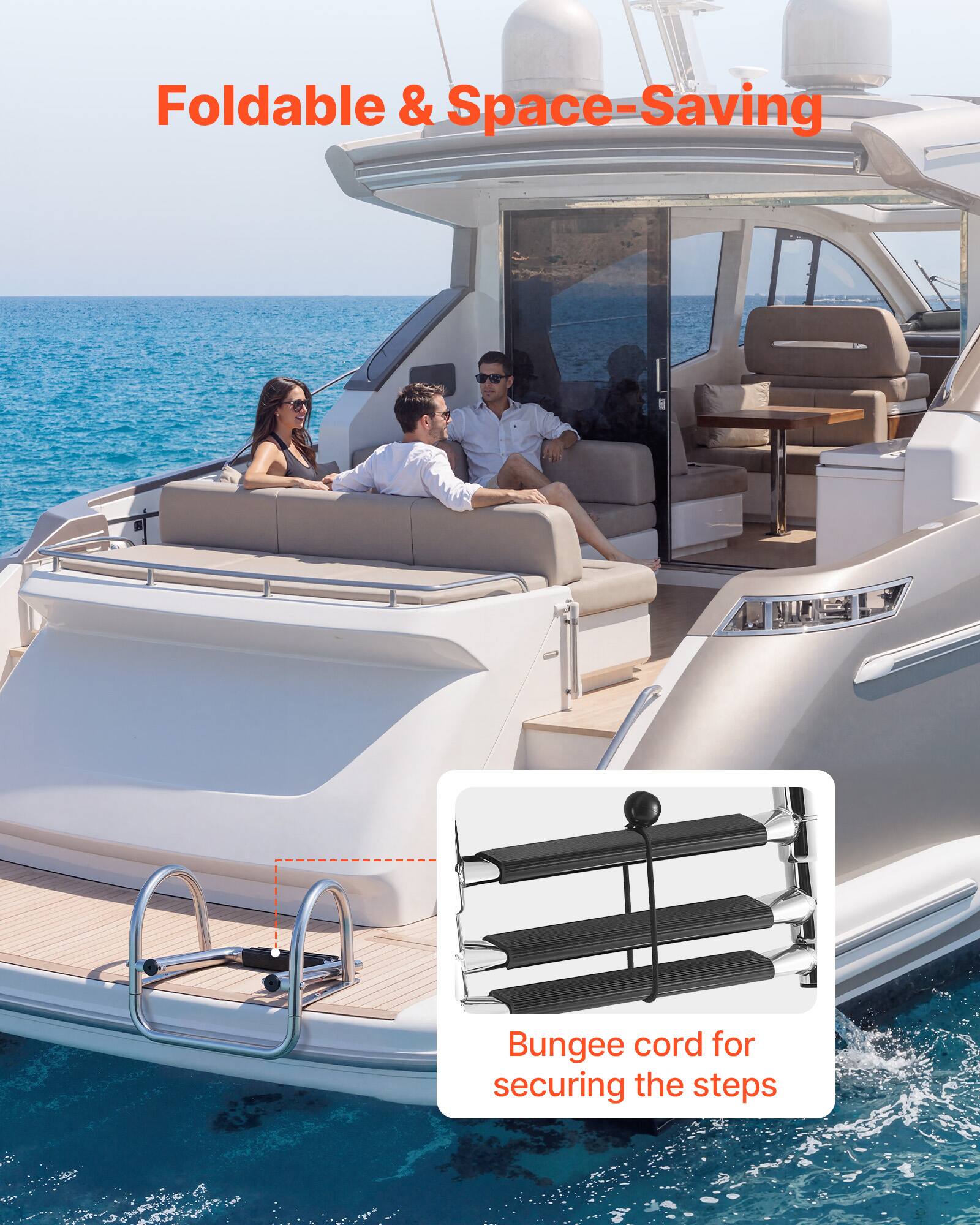Foldable & Space-Saving  
Bungee cord for securing the steps