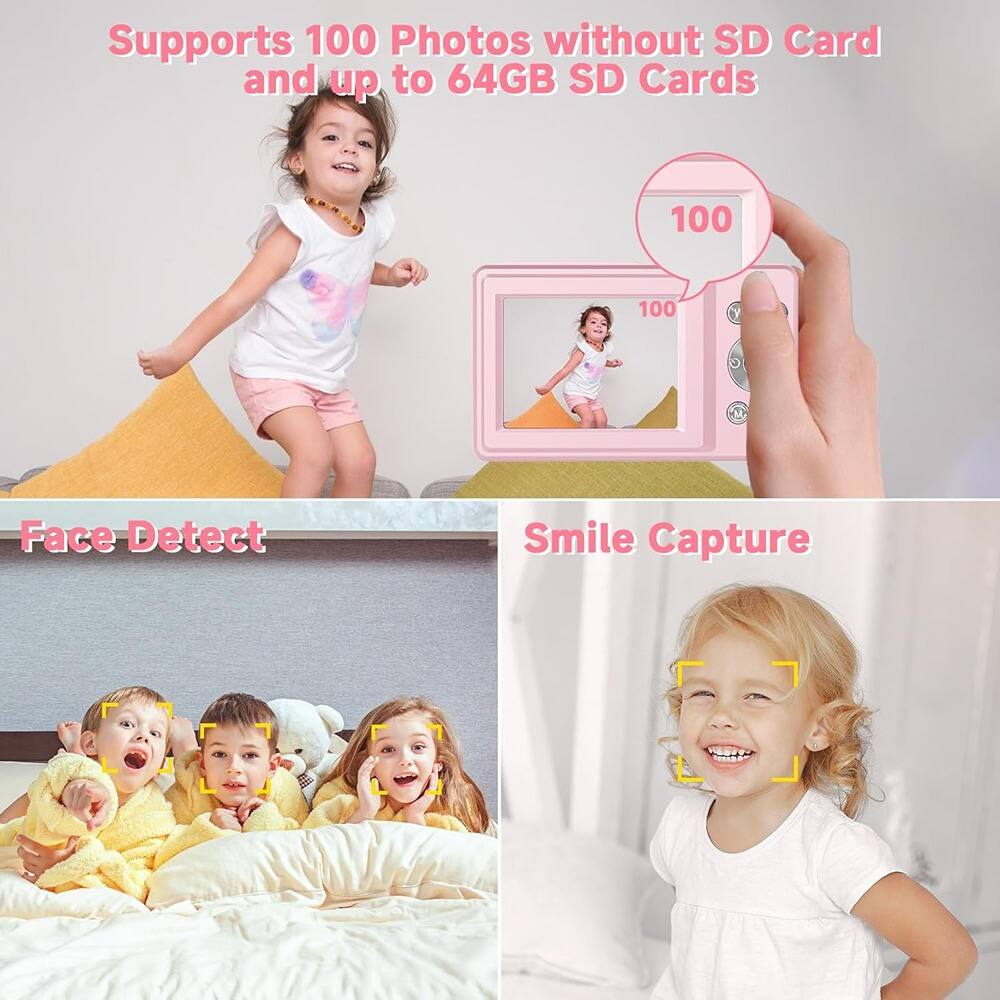 - Supports 100 Photos without SD Card and up to 64GB SD Cards
- Face Detect
- Smile Capture