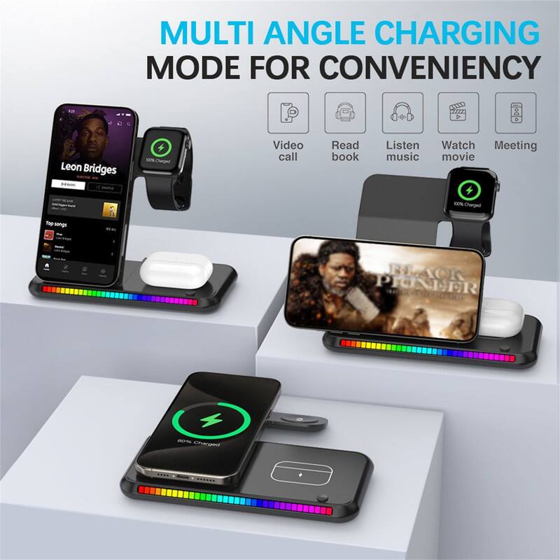 MULTI ANGLE CHARGING MODE FOR CONVENIENCE

32 V & 2

Leon Bridges

Bts

bemu

KEIN

Charged

Video call

Read book

Listen music

Watch movie

Meeting

1X%

Charged

Top songs

BLACK PIONEER

00% Charged