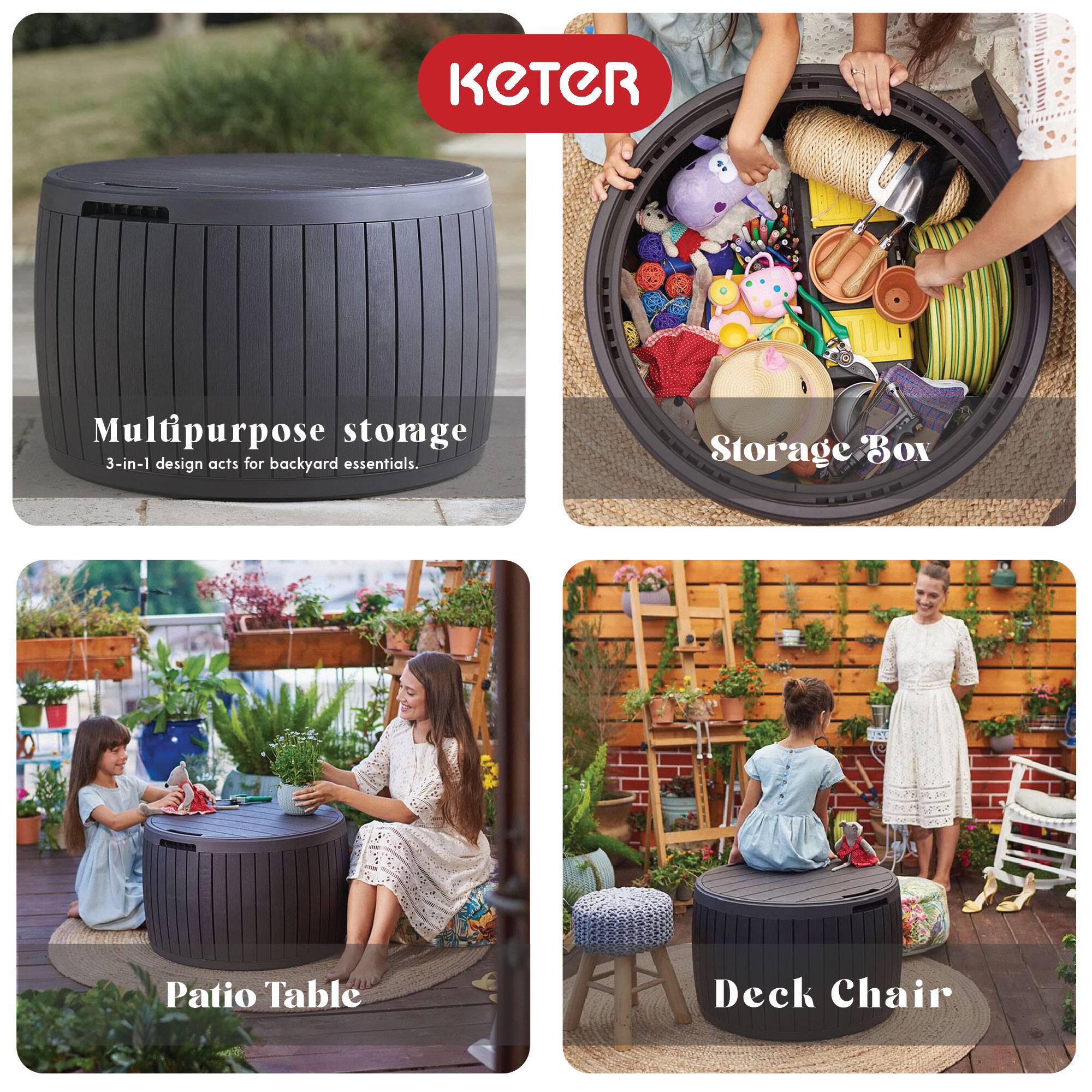 KETER

Multipurpose storage  
3-in-1 design acts for backyard essentials.

Storage Box

Patio Table

Deck Chair