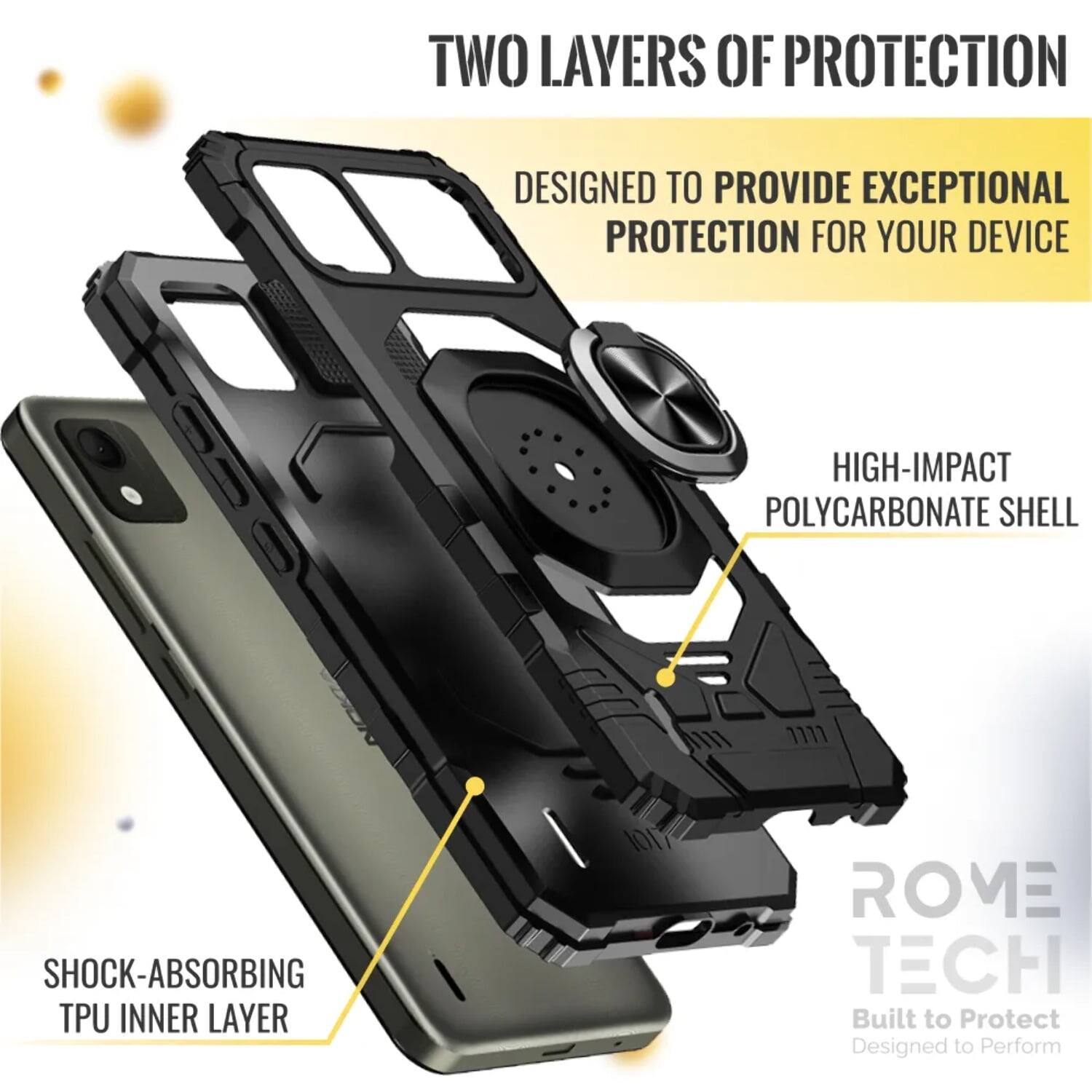 TWO LAYERS OF PROTECTION

DESIGNED TO PROVIDE EXCEPTIONAL PROTECTION FOR YOUR DEVICE

HIGH-IMPACT POLYCARBONATE SHELL

SHOCK-ABSORBING TPU INNER LAYER

ROME TECH

Built to Protect
Designed to Perform