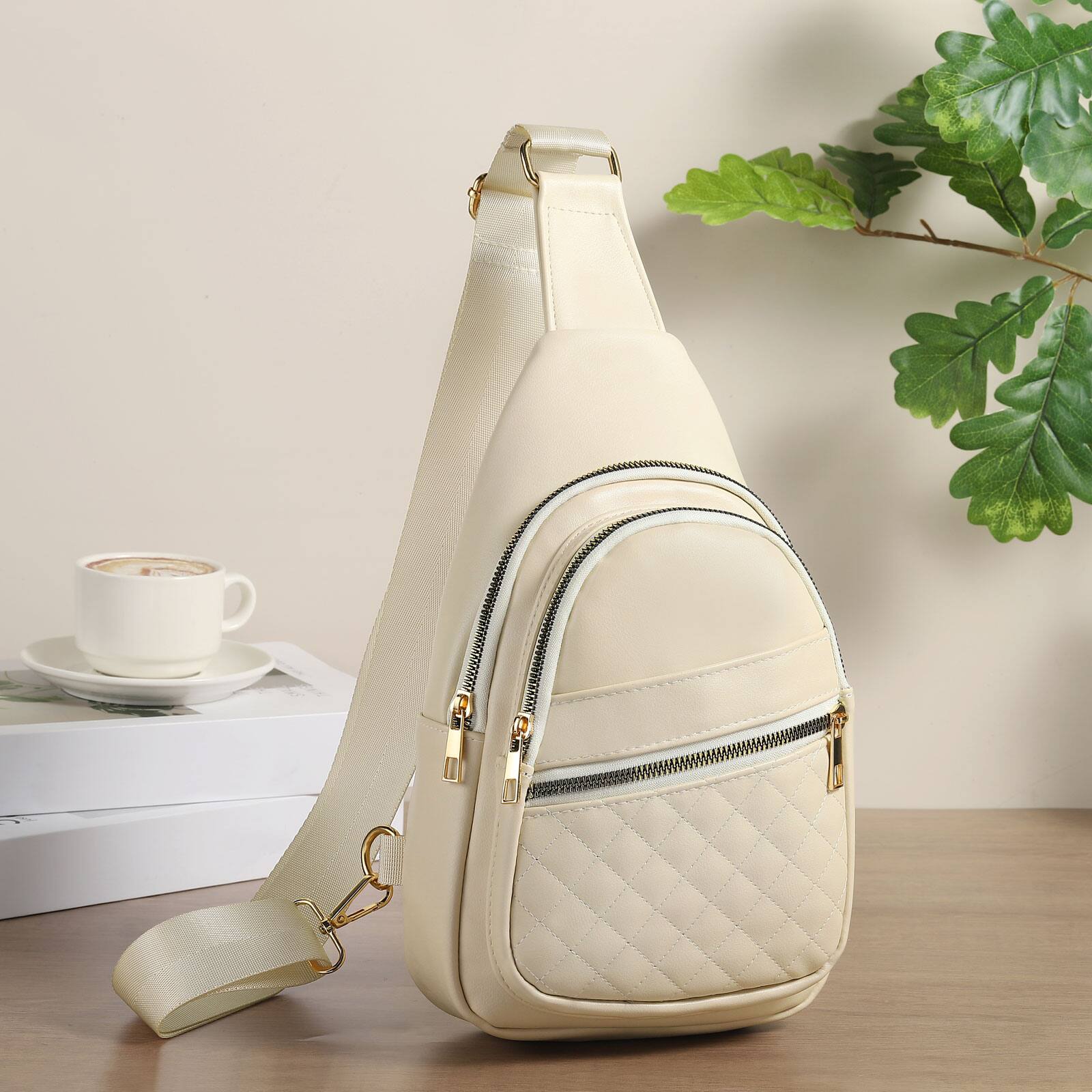 Alt View 5. Unique Bargains - Crossbody Bags for Women Men Leather Sling Bag Cross Body Backpack for Women Casual Chest Bag Daypack for Travel Hiking - Beige.