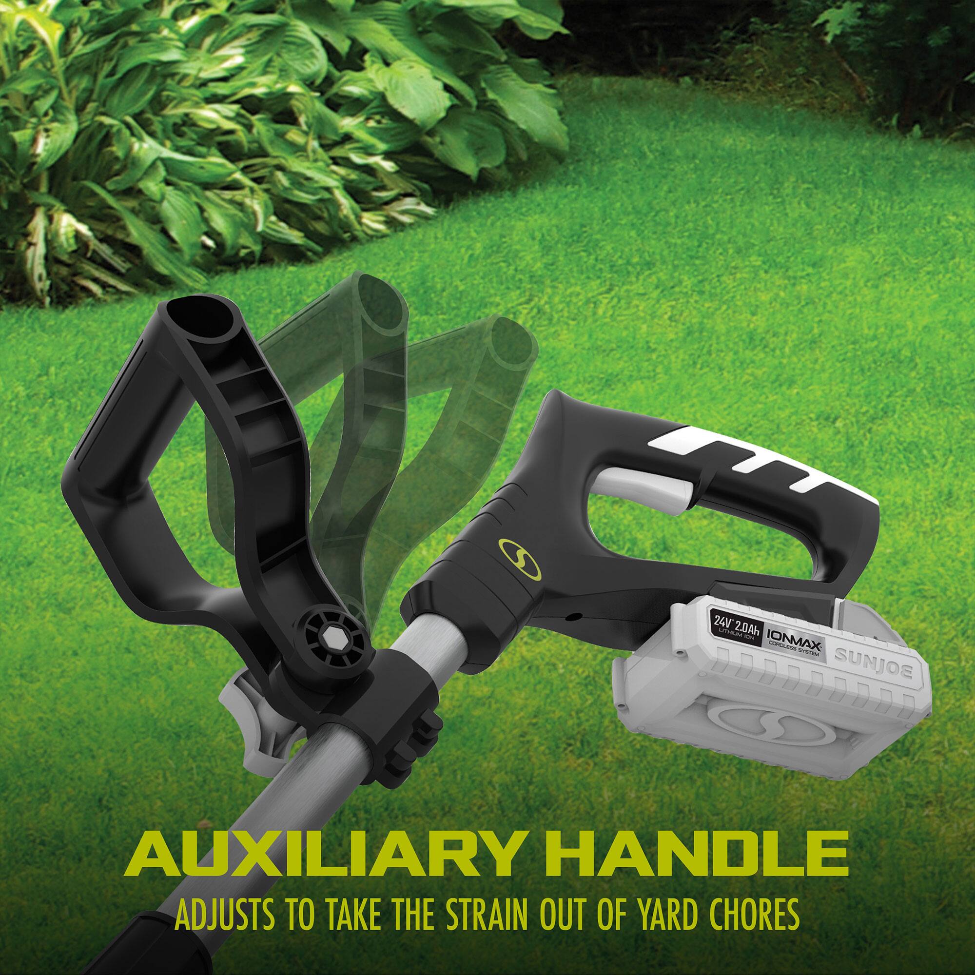 AUXILIARY HANDLE  
ADJUSTS TO TAKE THE STRAIN OUT OF YARD CHORES