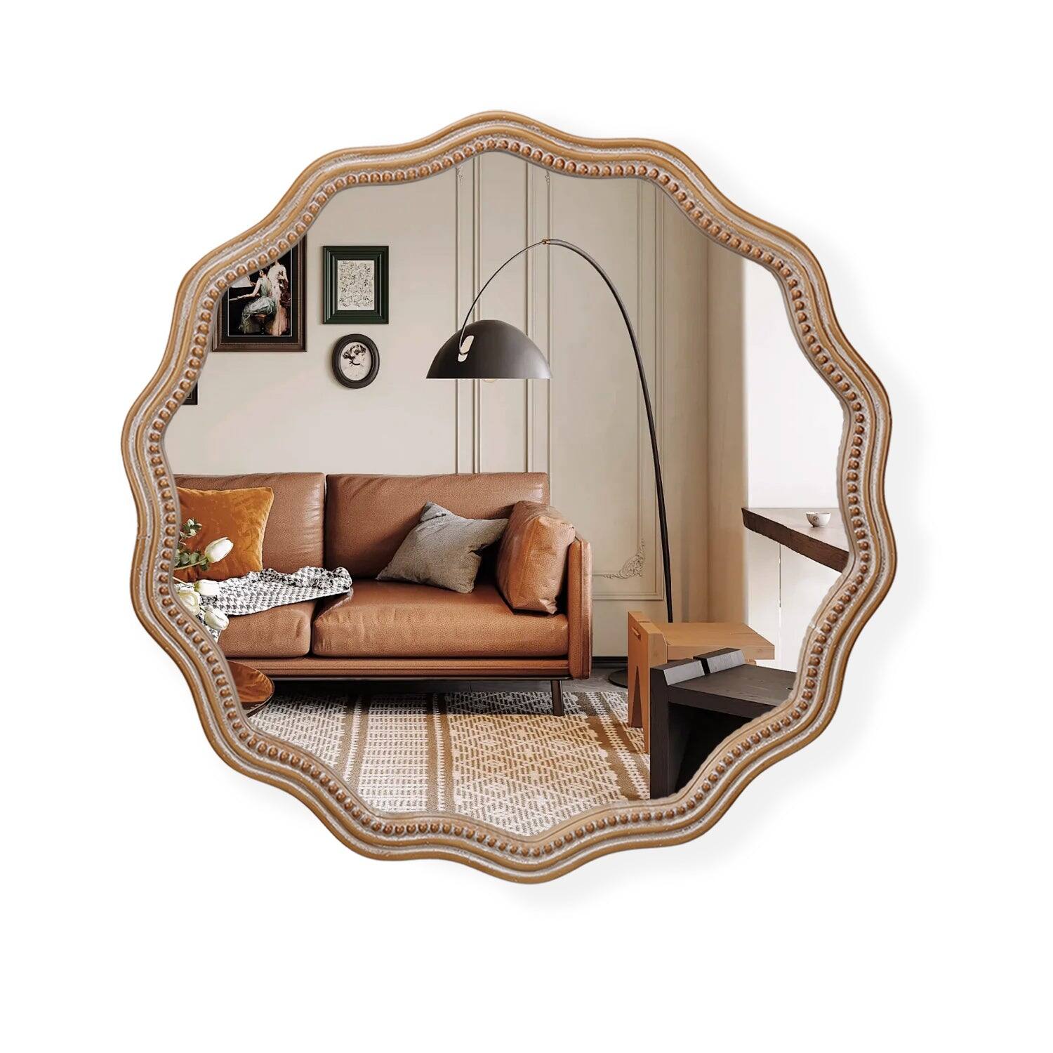 Alt View 5. BreeBe - 23.62" Wood Round Wavy Wall Mirror, Scalloped Large Decorative Wood Framed Hanging Circle Mirror, Farmhouse Decor - Antique Natural.
