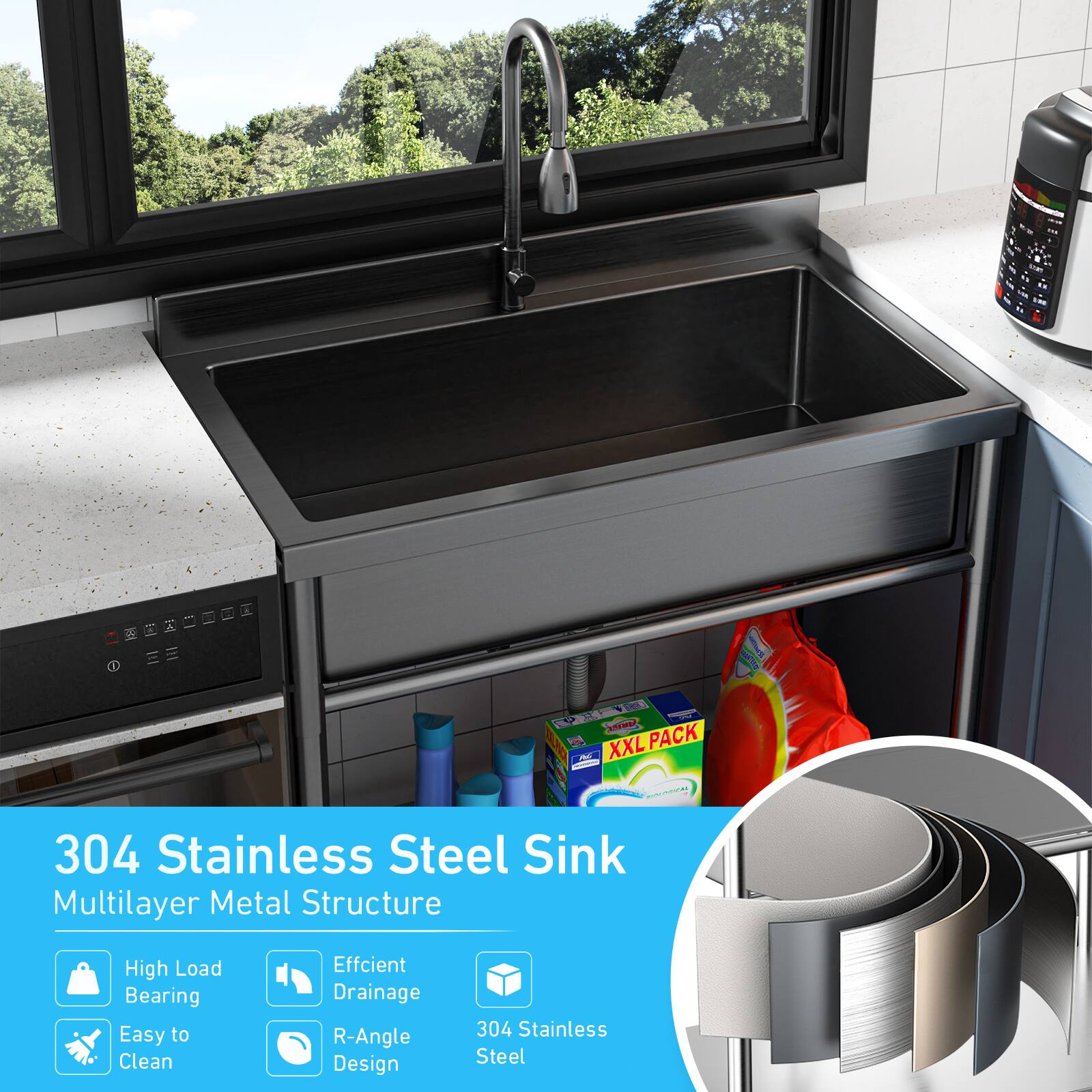 - XXL PACK
- 304 Stainless Steel Sink
- Multilayer Metal Structure
- High Load Bearing
- Easy to Clean
- Efficient Drainage
- R-Angle Design
- 304 Stainless Steel