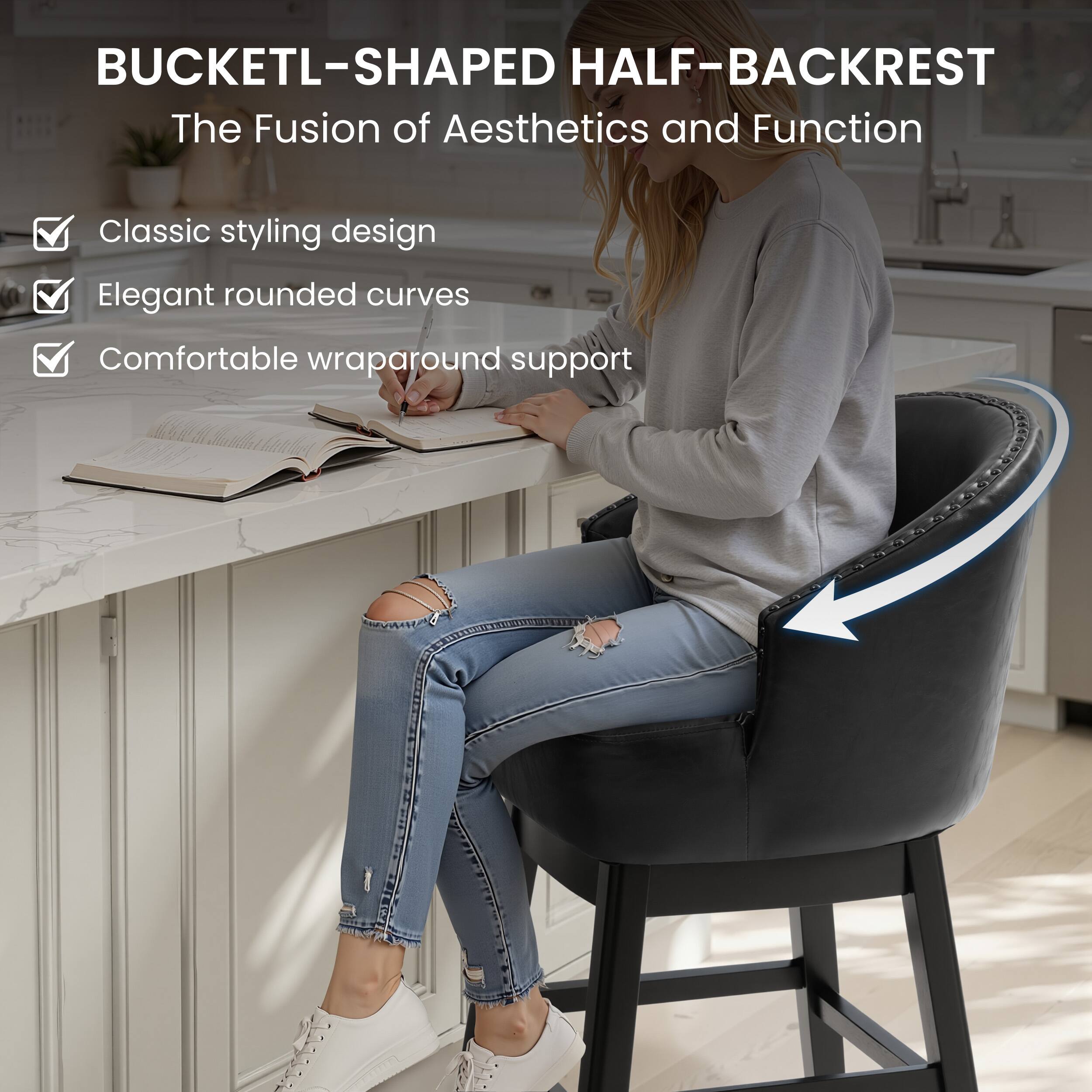 BUCKETL-SHAPED HALF-BACKREST  
The Fusion of Aesthetics and Function  

Classic styling design  
Elegant rounded curves  
Comfortable wraparound support