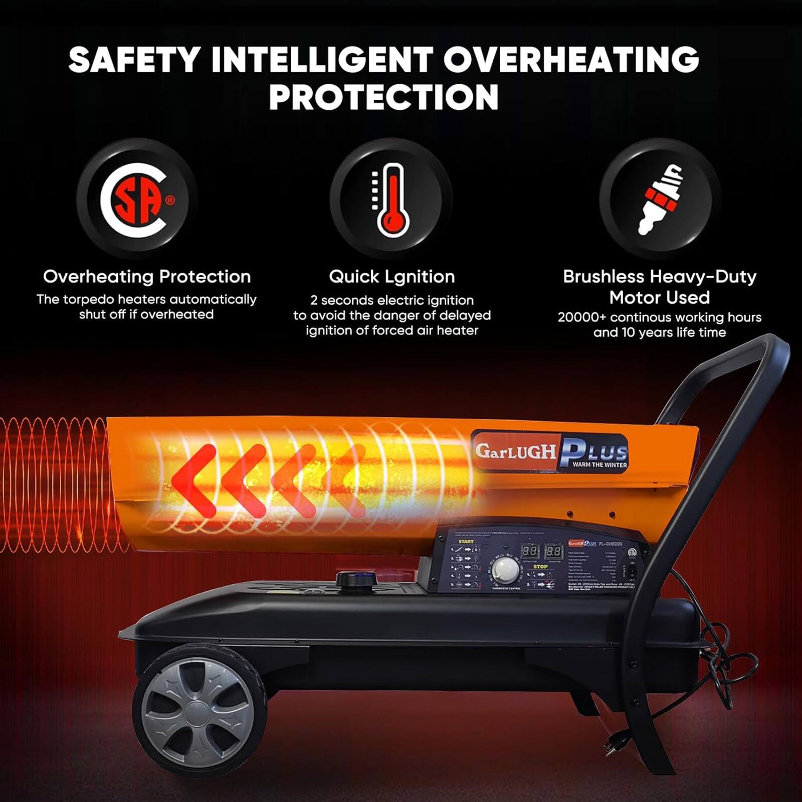 SAFETY INTELLIGENT OVERHEATING PROTECTION

- Overheating Protection
  The torpedo heaters automatically shut off if overheated

- Quick Ignition
  2 seconds electric ignition to avoid the danger of delayed ignition of forced air heater

- Brushless Heavy-Duty Motor Used
  20000+ continuous working hours and 10 years life time