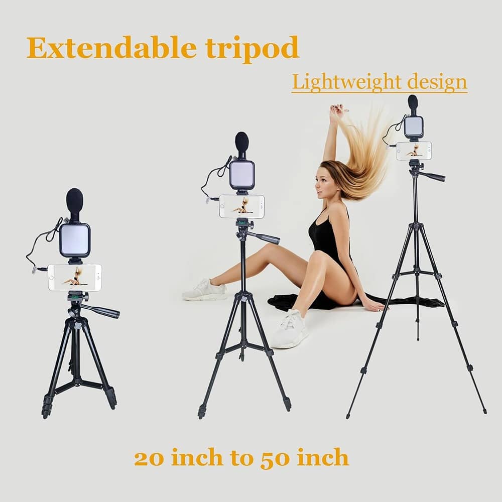 MOSZAR LLC - 50" Vlogging Video Kit – Tripod, Microphone, Light, Phone Clip, Black, Extendable