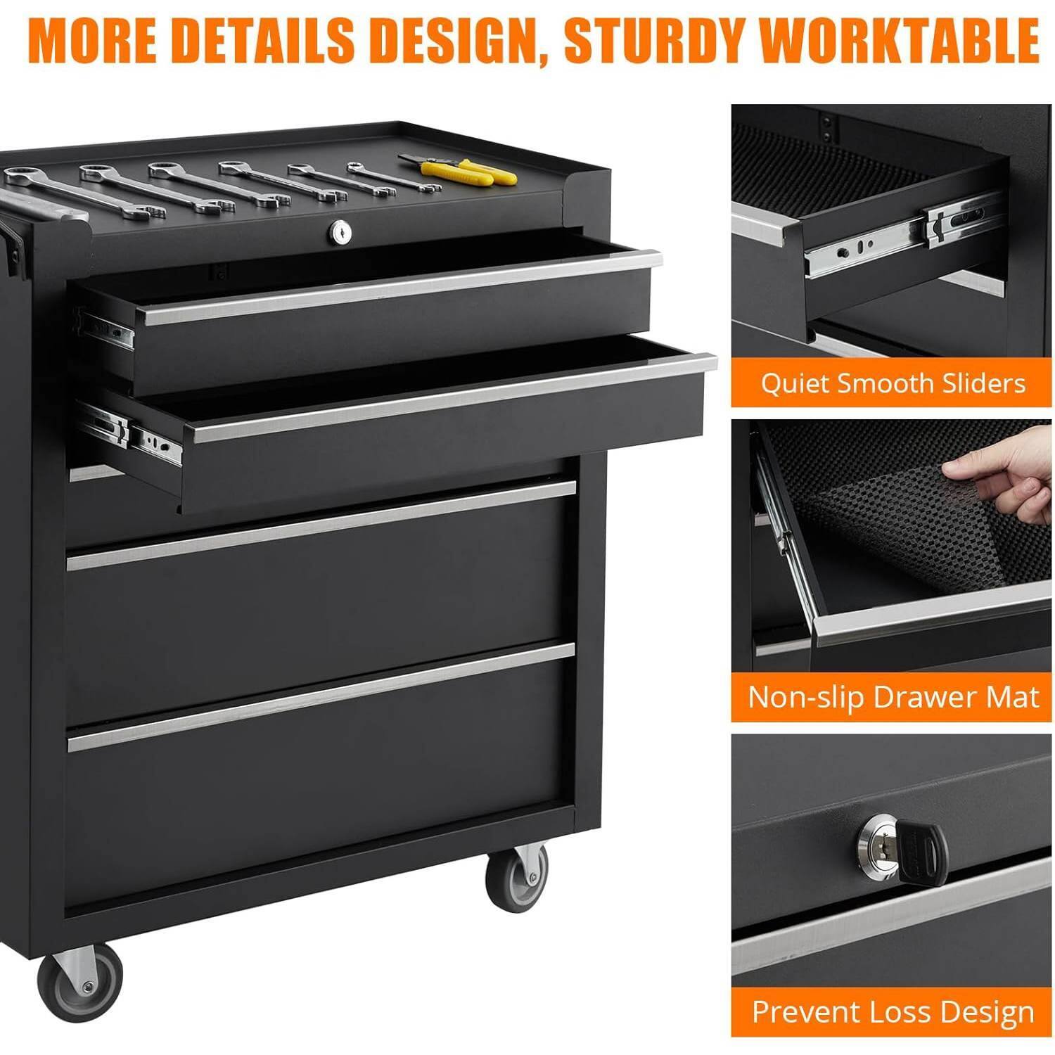 MORE DETAILS DESIGN, STURDY WORKTABLE

- Quiet Smooth Sliders
- Non-slip Drawer Mat
- Prevent Loss Design