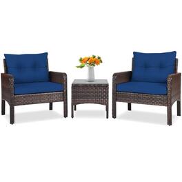 Pefilos - Patio Furniture 3 Pcs Outdoor Patio PE Rattan Conversation Set, Outdoor Wicker PE Rattan Chair - Blue