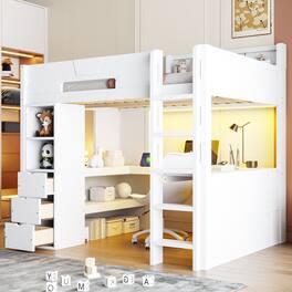 Whisen - Full Size Gaming Loft Bed with U-Shaped Desk,RGB LED Lights,USB Ports,Storage Drawers and Shelves - White
