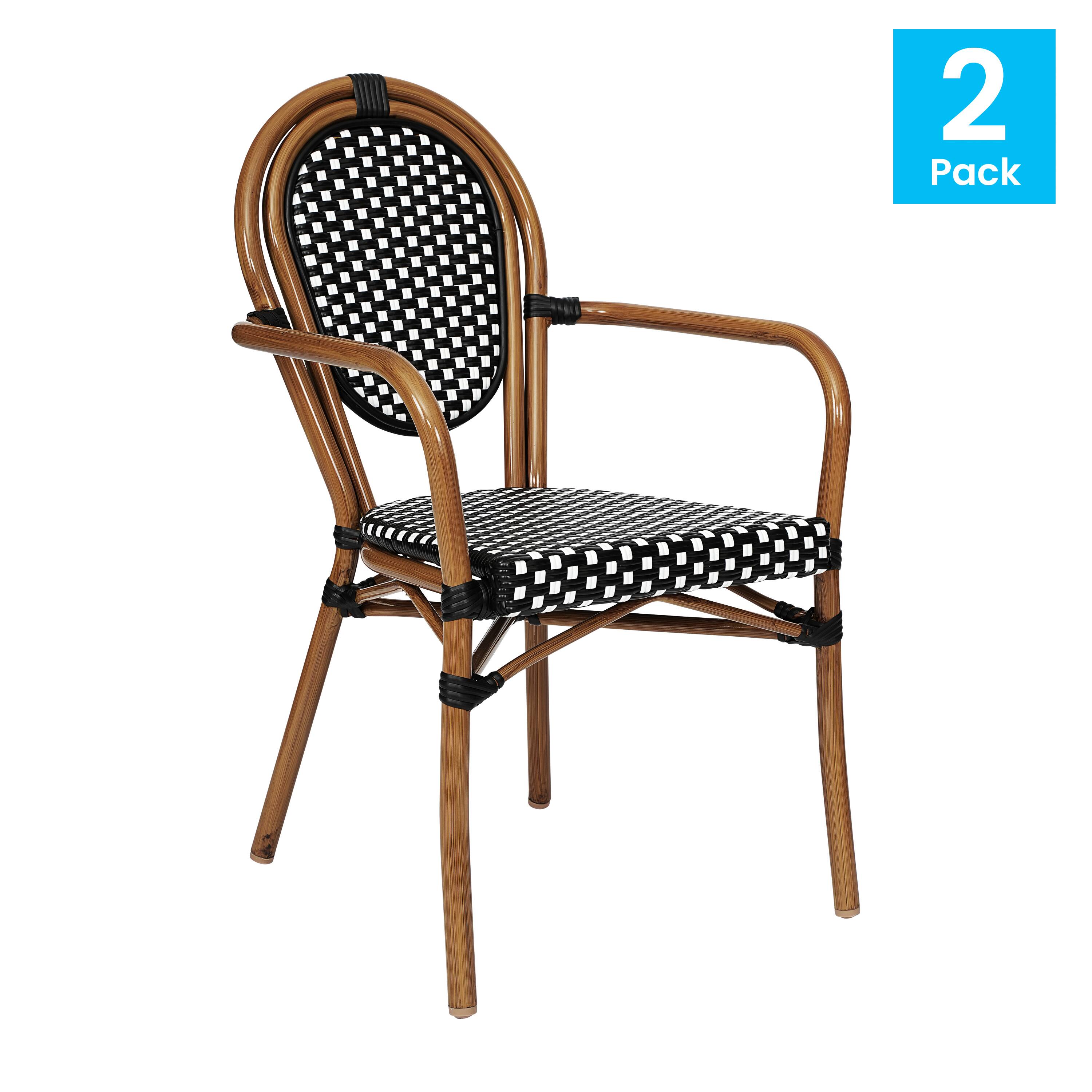 Alt View 1. Flash Furniture - 2 Pack Lourdes Indoor/Outdoor Commercial Thonet Bistro Stacking Chair with Arms, Black and White PE Rattan and Natural A - Black.