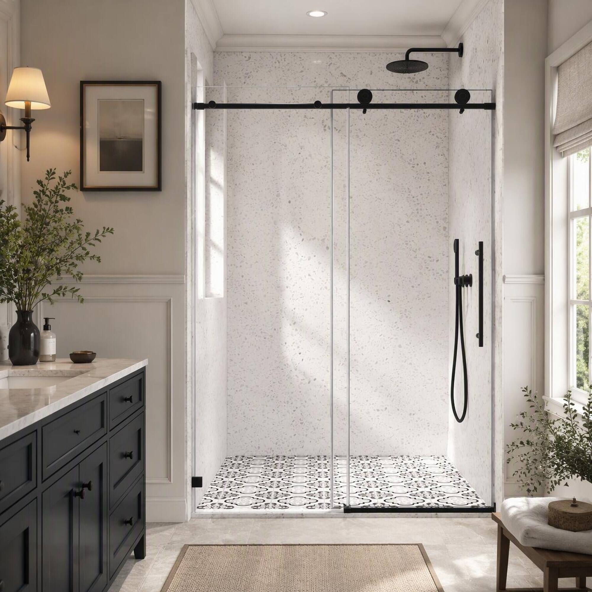 Left. RYHNUYNE - Black Frameless Shower Door With 70mm Steel Pulleys, Soft Close And Nano Easy Clean - Matte Black.