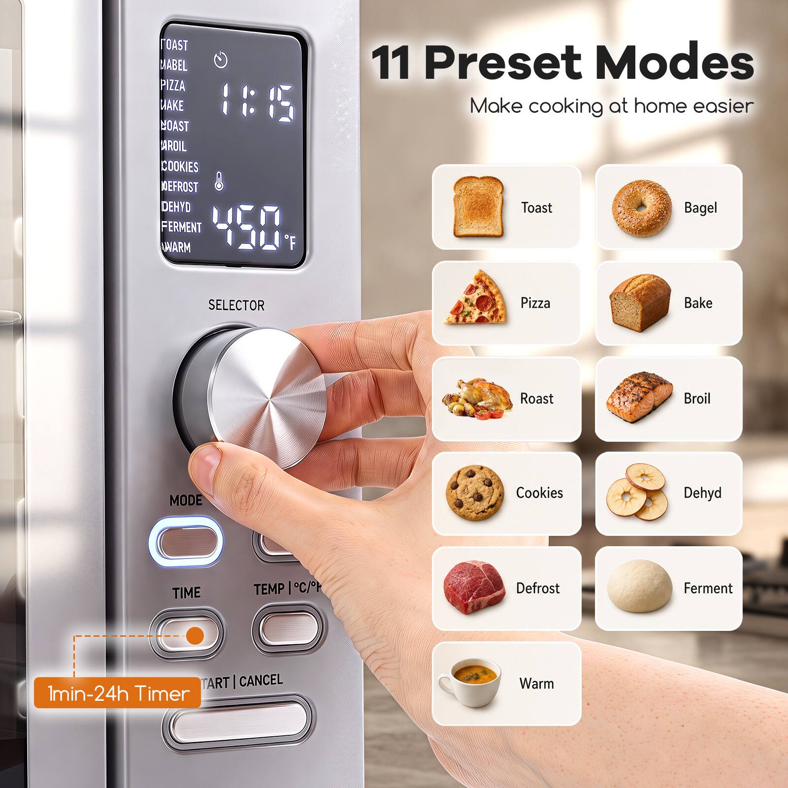 OAST  
CIABEL  
PIZZA  
AKE  
186  
HOAST  
AROIL  
COOKIES  
REFROST  
DEHYD  
FERMENT  
450  
WWARM  
F  
11  
Preset Modes  
Make cooking at home easier  
Toast  
Bagel  
SELECTOR  
Pizza  
Bake  
Roast  
Broil  
MODE  
Cookies  
Dehyd  
TIME  
TEMP  
I  
190  
Defrost  
Ferment  
ART  
CANCEL  
1min-24h Timer  
Warm