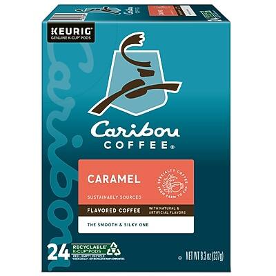 KEURIG  
GENUINE K-CUP PODS  

Caribou Coffee  
CARAMEL  
SUSTAINABLY SOURCED  
FLAVORED COFFEE  
WITH NATURAL & FLAVORED COFFEE  
ARTIFICIAL FLAVORS  
THE SMOOTH & SILKY ONE  

24 RECYCLABLE K-CUP PODS  
NET WT 8.3 OZ (237g)