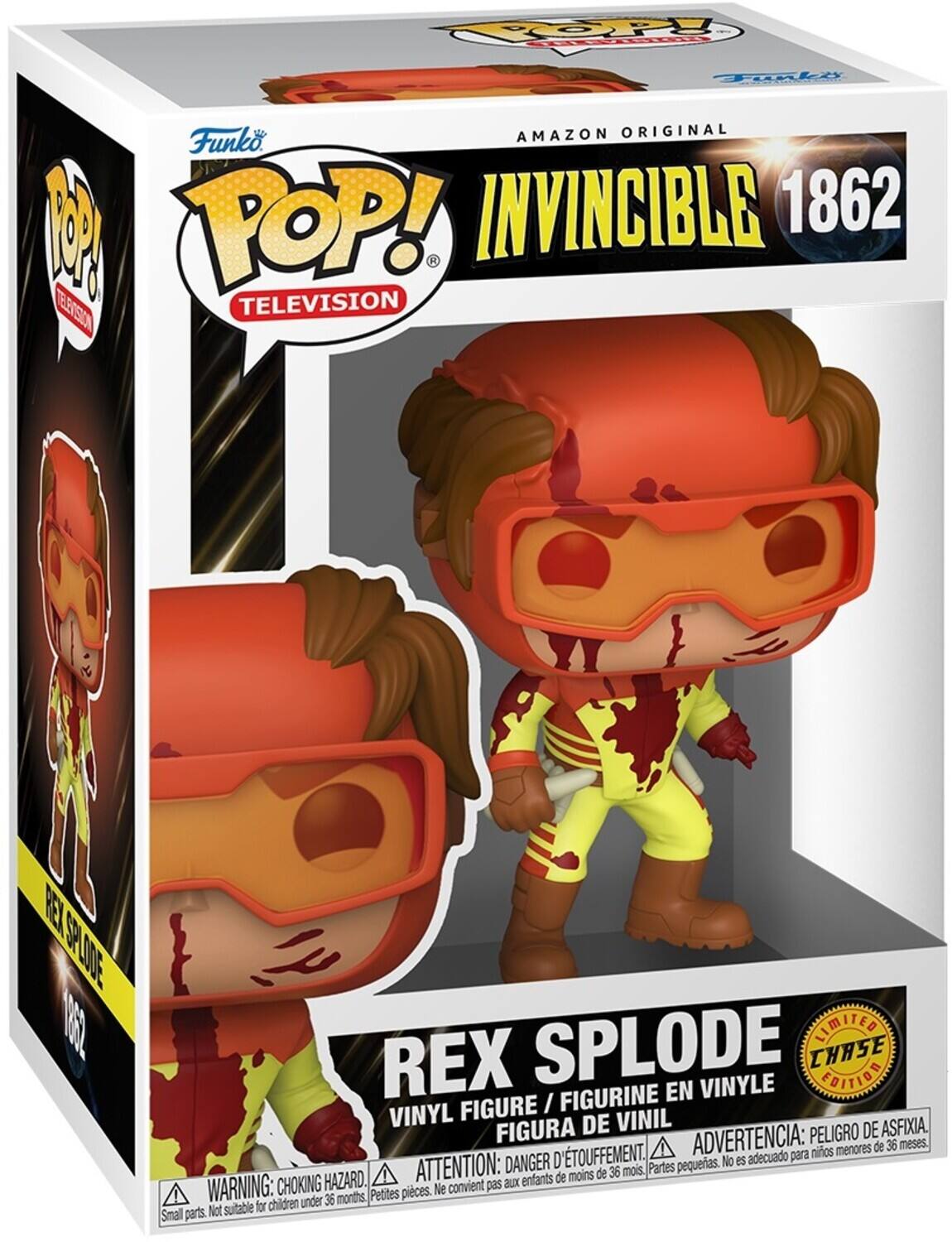 Funko POP! TELEVISION  
AMAZON ORIGINAL  
INVINCIBLE 1862  
REX SPLODE  
VINYL FIGURE / FIGURINE EN VINYLE / FIGURA DE VINIL  
LIMITED EDITION CHASE  

WARNING: CHOKING HAZARD.  
ATTENTION: DANGER D'ÉTOUFFEMENT.  
ADVERTENCIA: PELIGRO DE ASFIXIA.  
Not suitable for children under 36 months.  
Ne convient pas aux enfants de moins de 36 mois.  
No es adecuado para niños menores de 36 meses.  
Small parts.  
Petites pièces.  
Partes pequeñas.