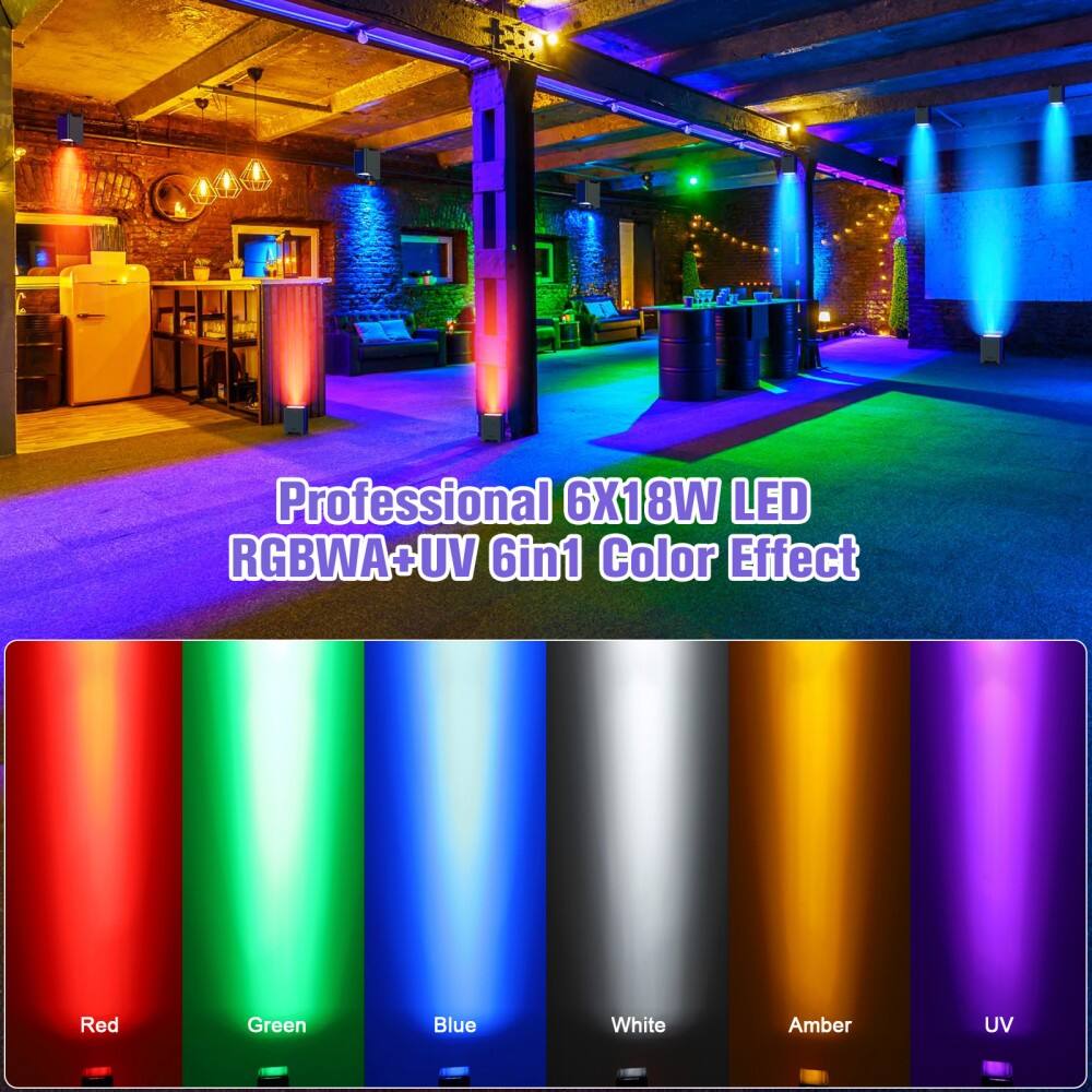 Professional 6X18W LED RGBWA+UV 6in1 Color Effect

Red  
Green  
Blue  
White  
Amber  
UV