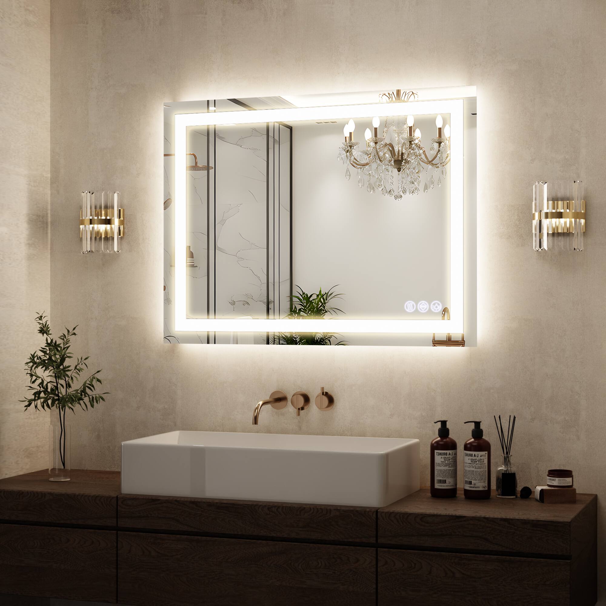 Front. Easly - 30 in. W x 40 in. H LED Light Anti-Fog Rectangular Modern Frameless Wall Mirror Vanity Mirror.