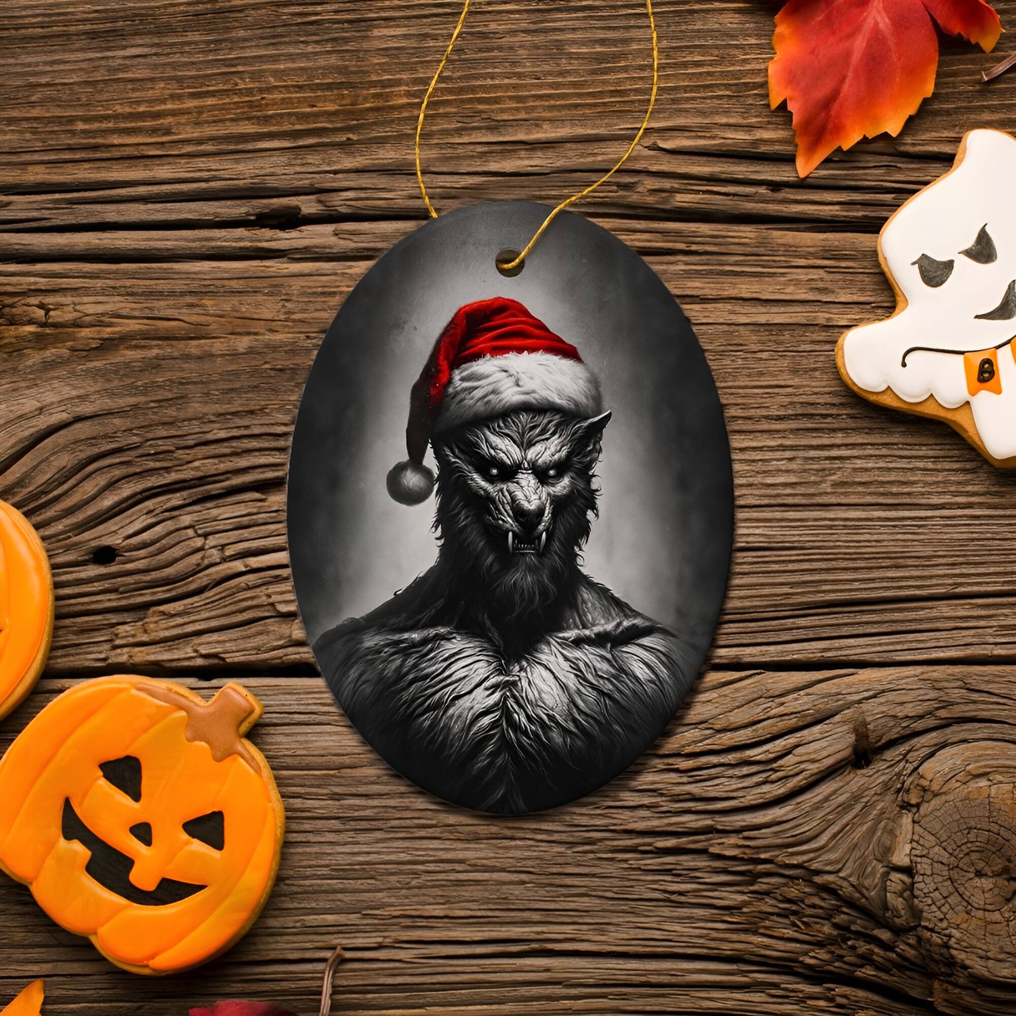 Back. OrnamentallyYou - Beastly Werewolf with Santa Hat Ornament Frightening Holiday Keepsake for Spooky Tree - Multi-colored.