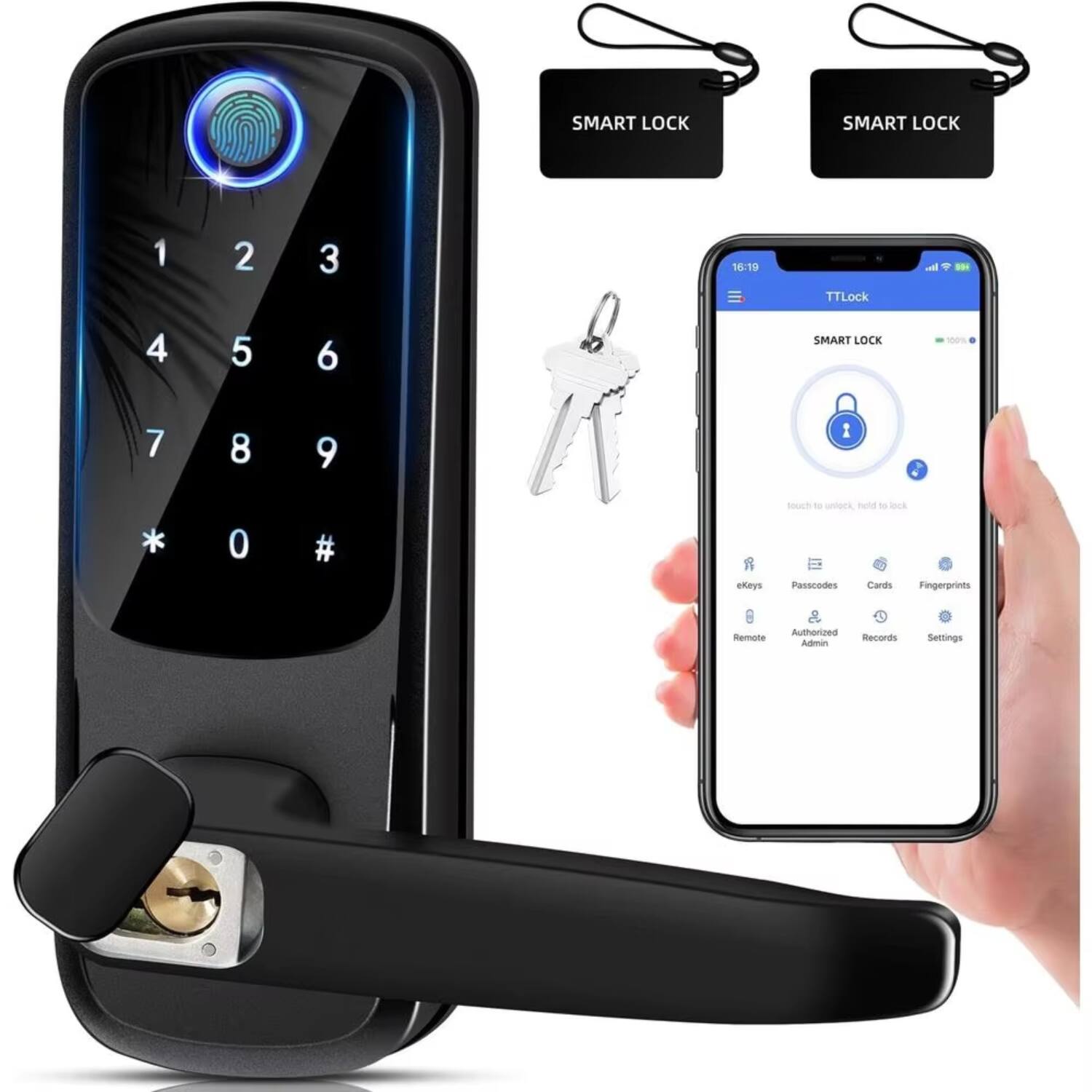 SMART LOCK

1 2 3  
4 5 6  
7 8 9  
* 0 #

TTLock  
SMART LOCK

- eKeys  
- Passcodes  
- Cards  
- Fingerprints  
- Remote  
- Authorized  
- Records  
- Settings  

Touch to unlock, hold to lock