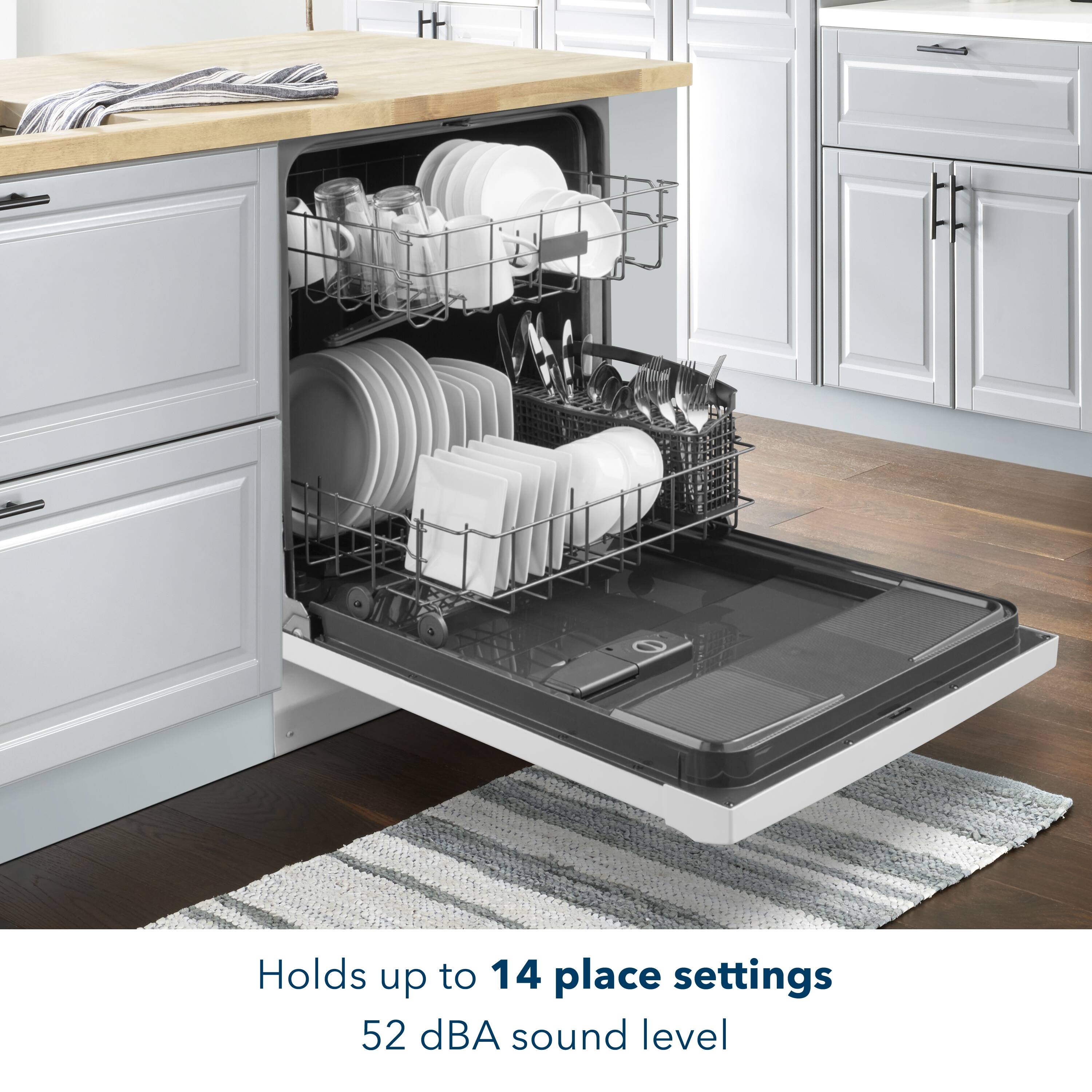 Holds up to 14 place settings  
52 dBA sound level