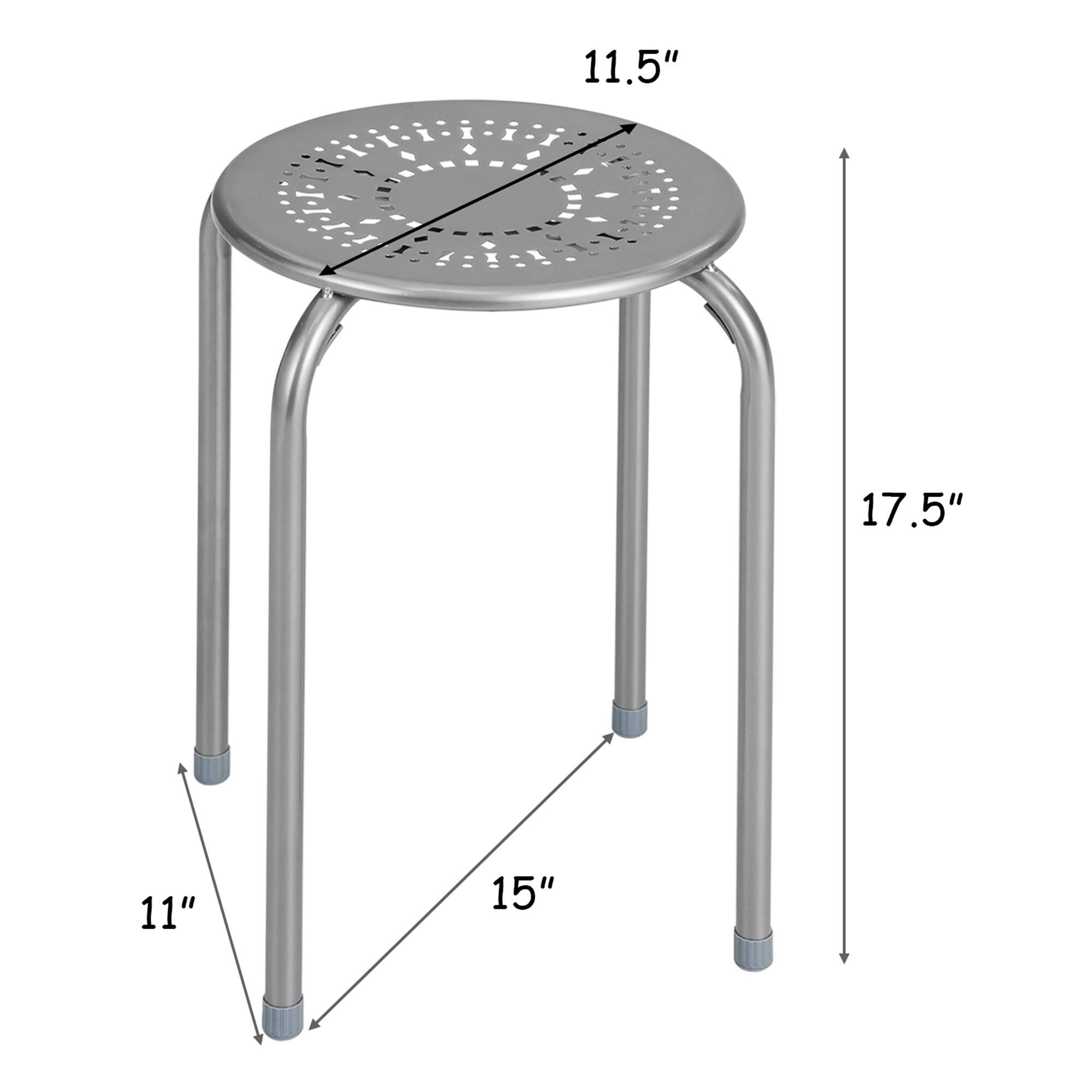 The dimensions of the stool are as follows:

- Diameter of the seat: 11.5 inches
- Height of the stool: 17.5 inches
- Distance between the legs: 11 inches
- Width of the legs: 15 inches