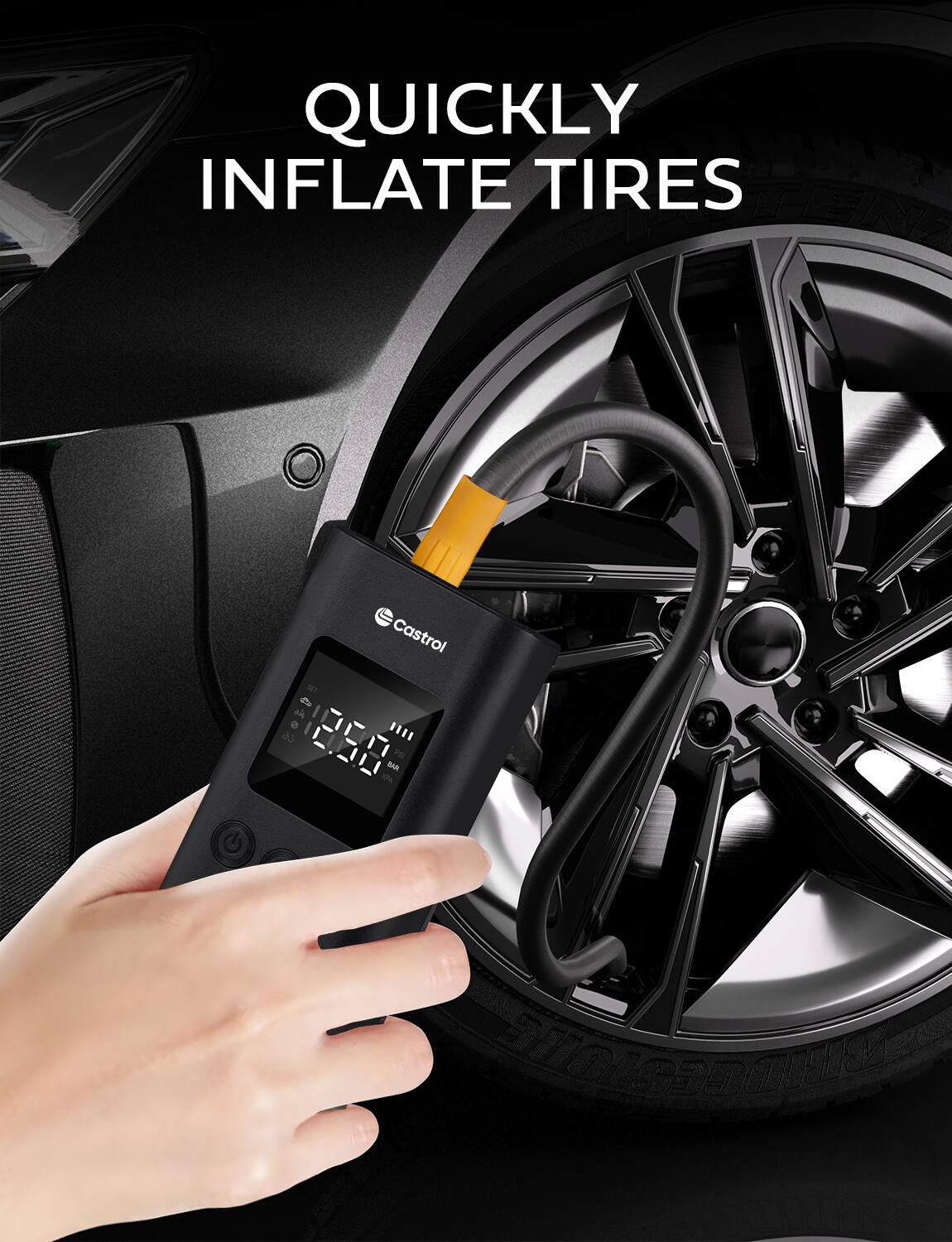 QUICKLY INFLATE TIRES

Castrol 1T

12.50 PSI

11 BAR